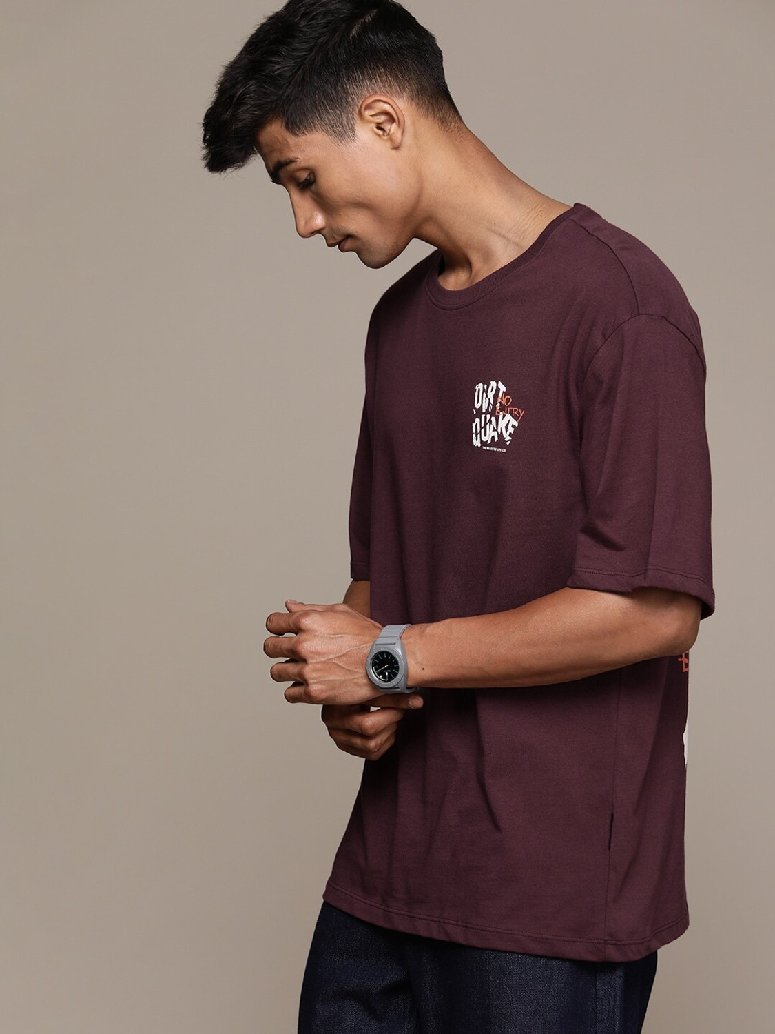 Image of Roadster Printed, Typography Men Round Neck Maroon T-Shirt