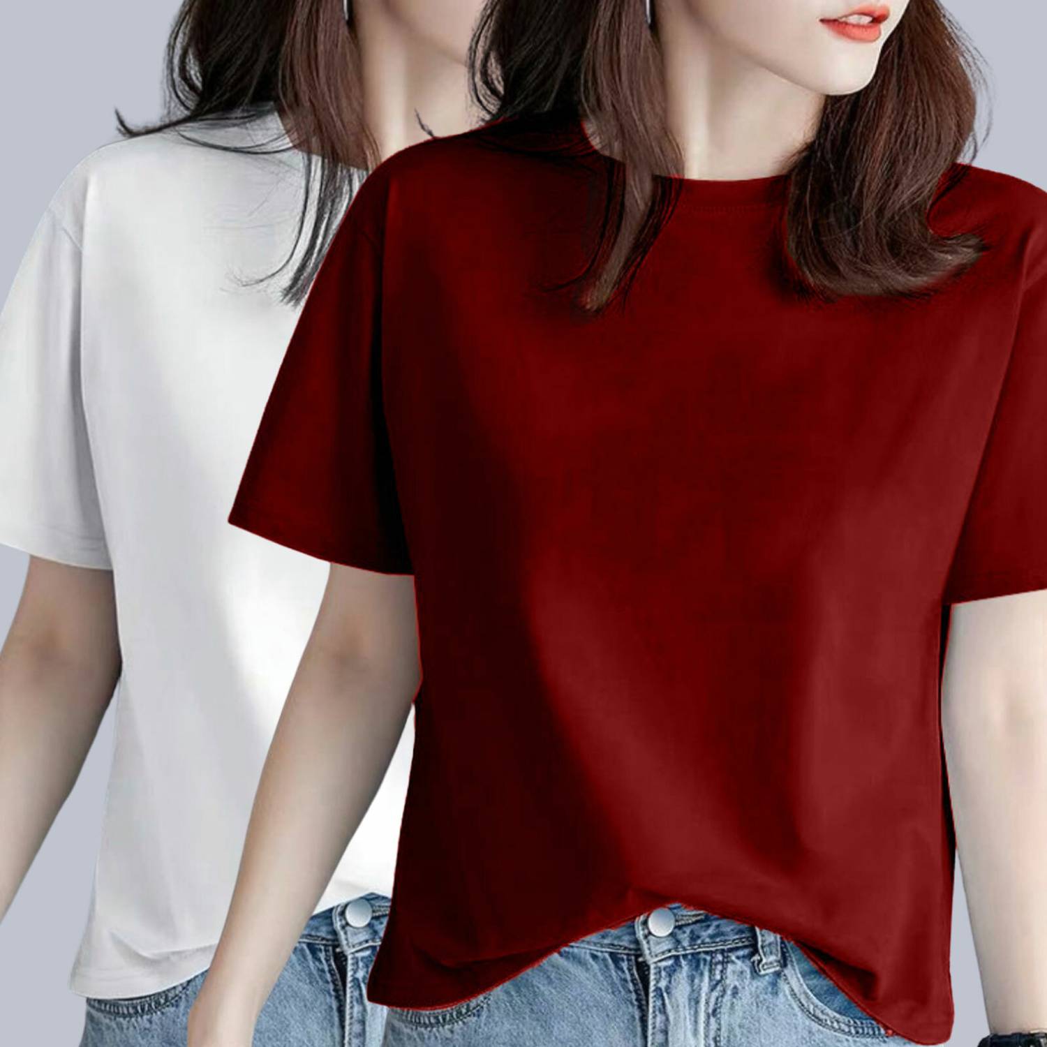 deslizar Solid Women Round Neck Maroon, White T-Shirt