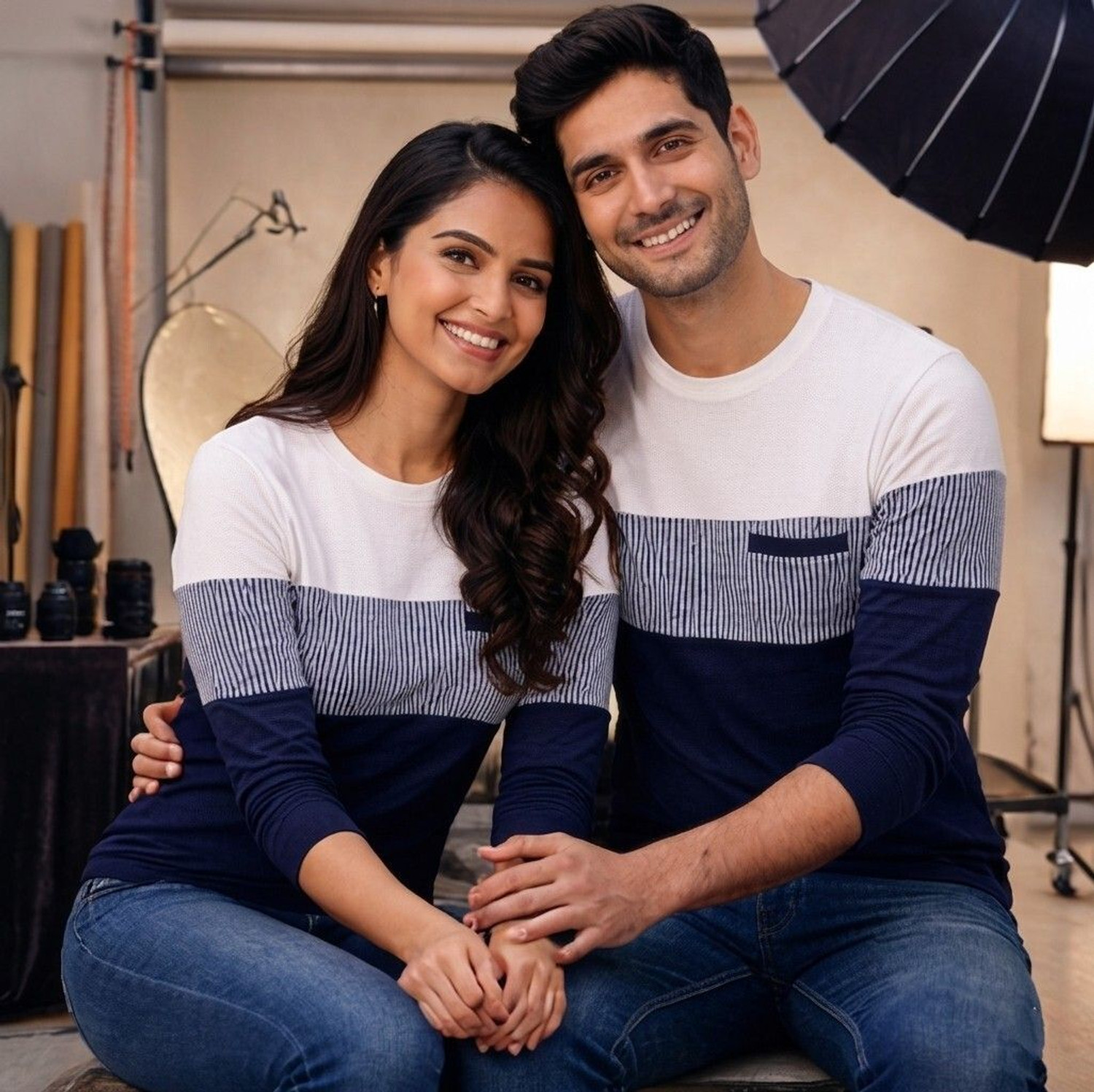 Image of seventimes Striped Couple Round Neck Multicolor T-Shirt