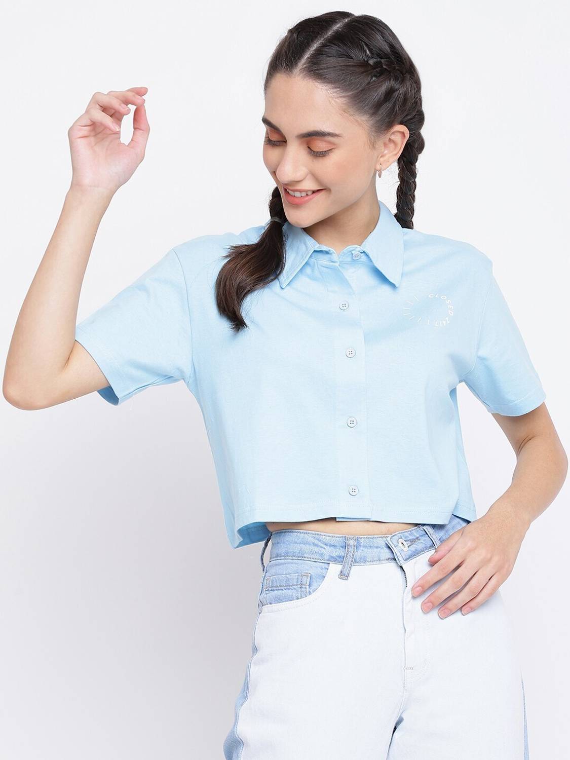 Belliskey Solid Women Polo Neck Light Blue T-Shirt