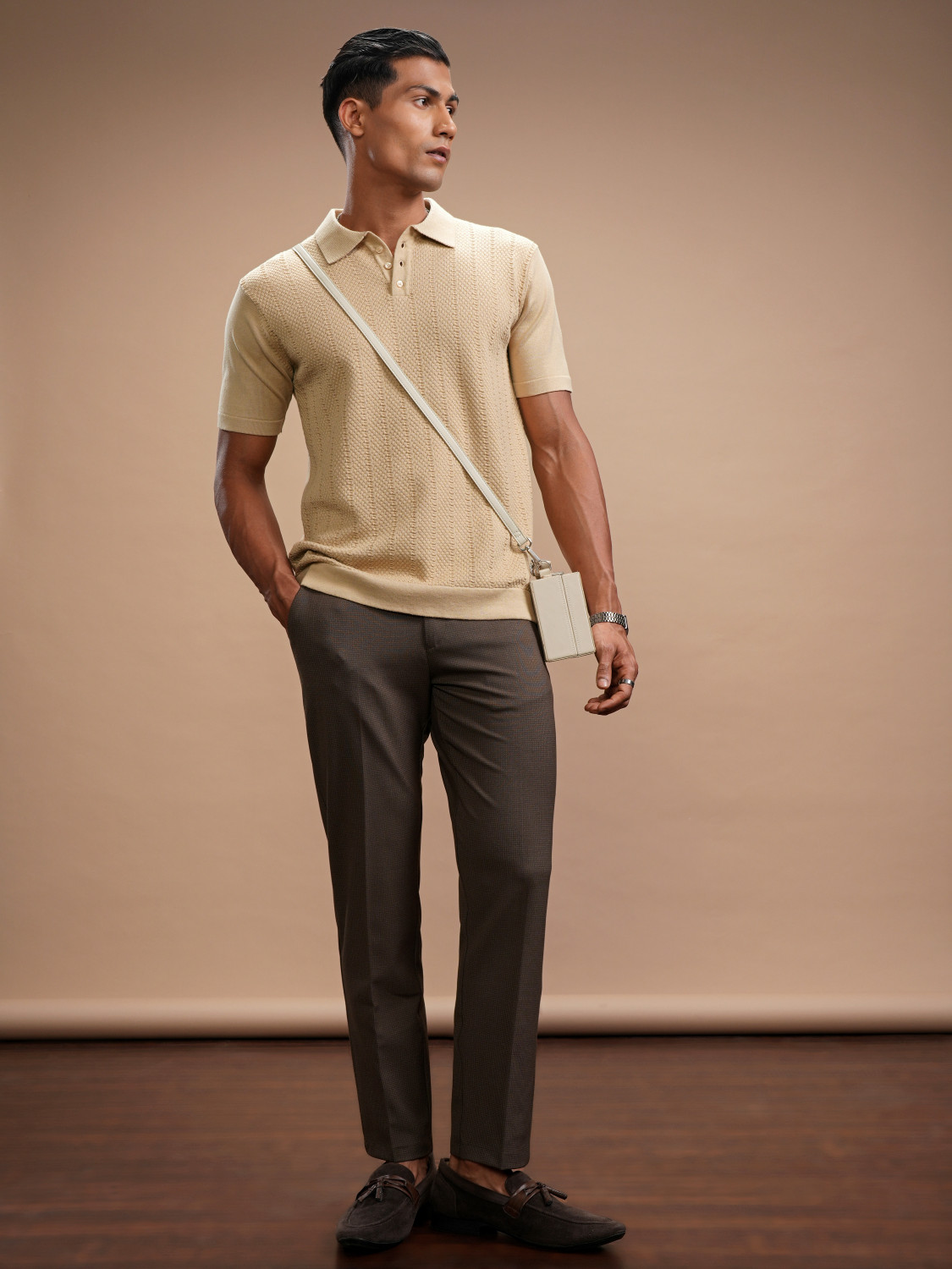 Image of HIGHLANDER Self Design Men Polo Neck Beige T-Shirt