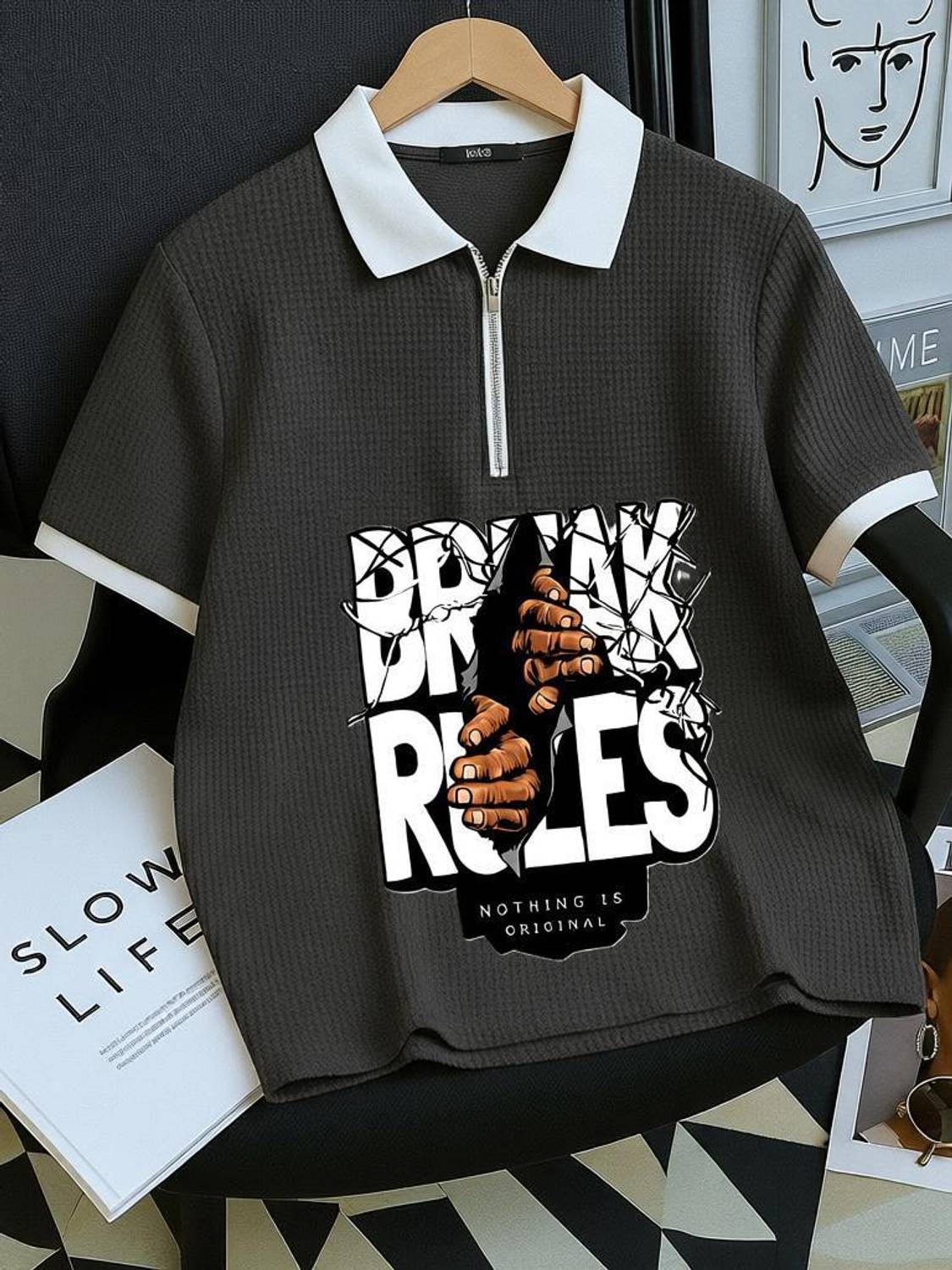 Chain Link Graphic Print Men Zip Neck Black T-Shirt - Buy Chain