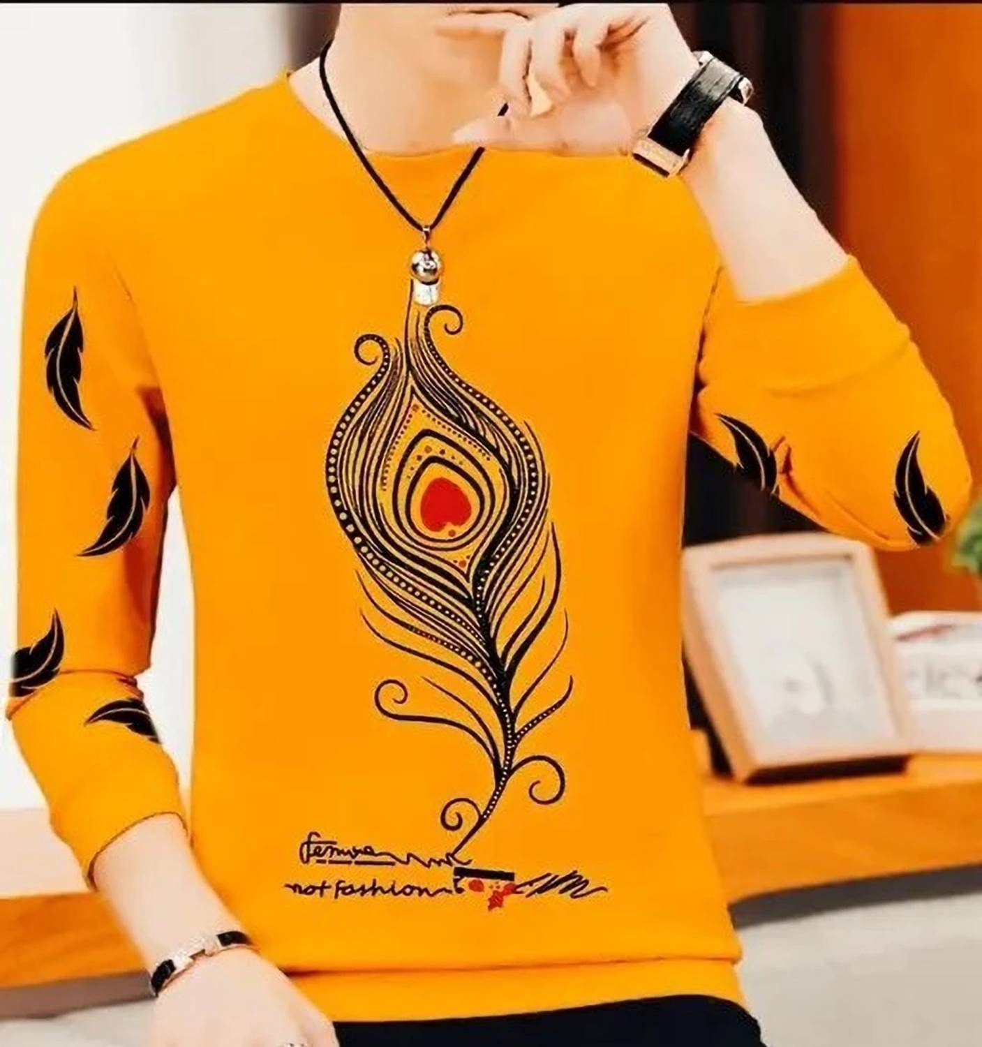 True Basket Men Printed Round Neck Cotton Blend Orange T-Shirt