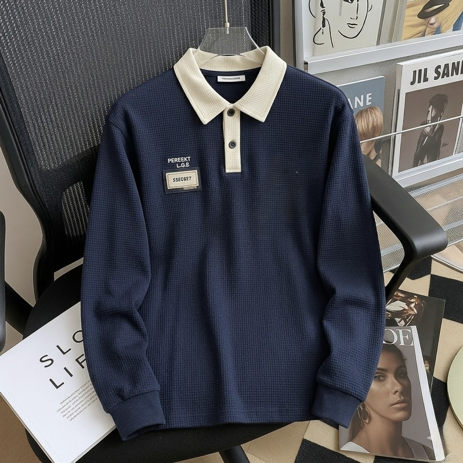 Image of VOIDLINE Men Printed Polo Neck Cotton Blend Navy Blue T-Shirt