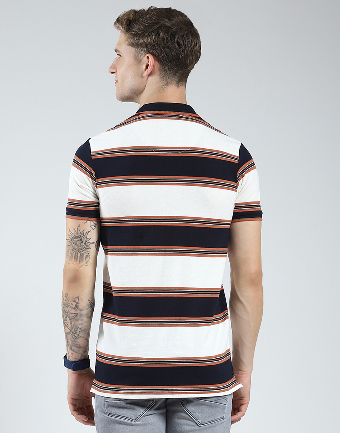 Image of MONTE CARLO Striped Men Polo Neck Blue T-Shirt