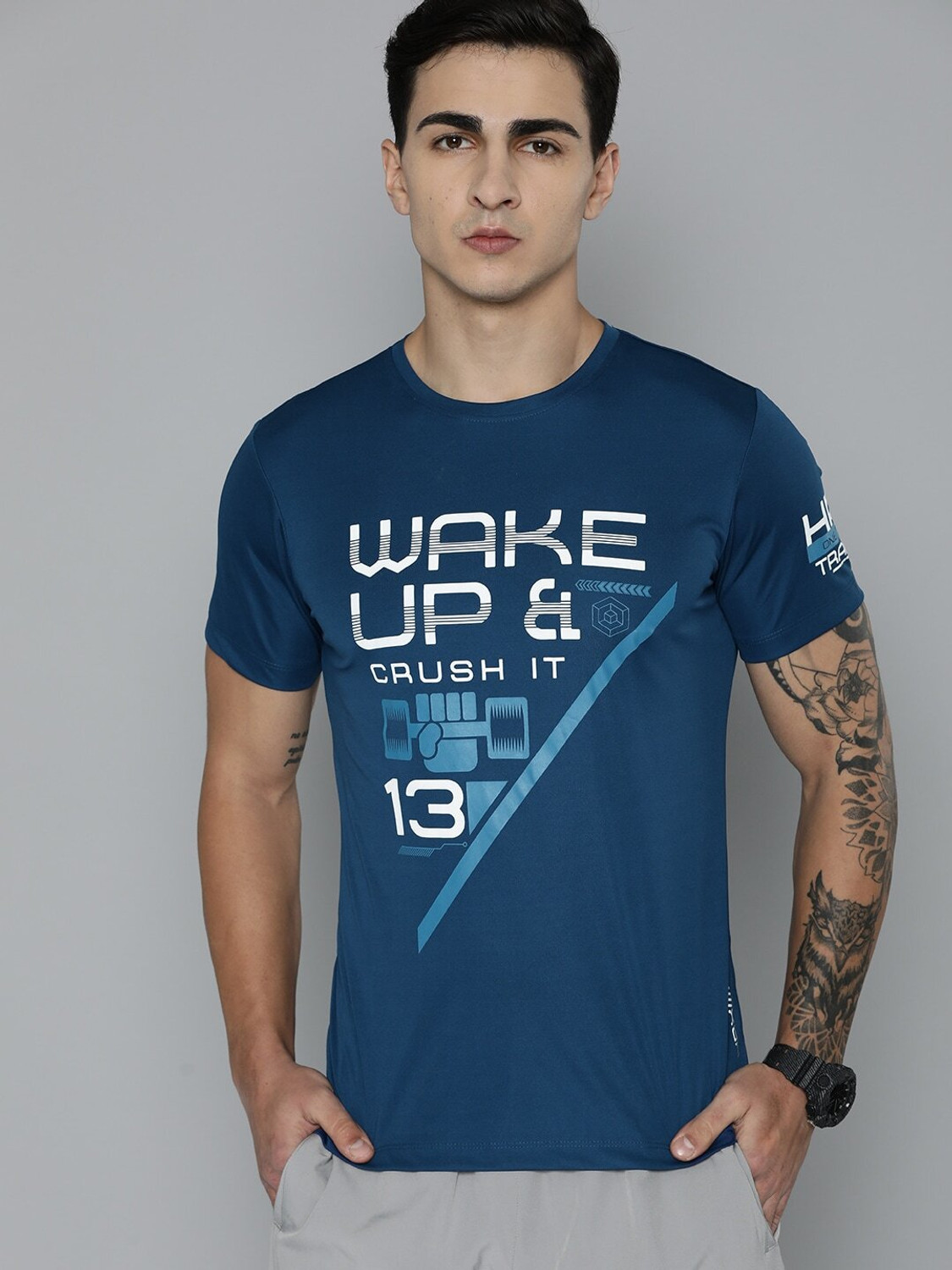 Image of HRX by Hrithik Roshan Printed Men Round Neck Blue T-Shirt