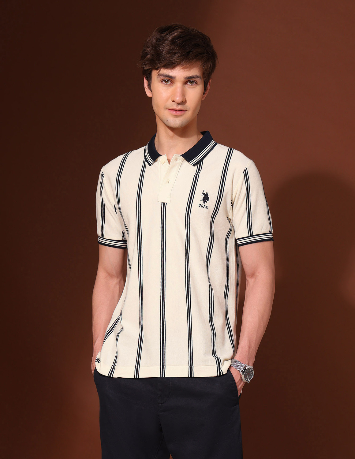 Image of U.S. POLO ASSN. Striped Men Polo Neck White T-Shirt