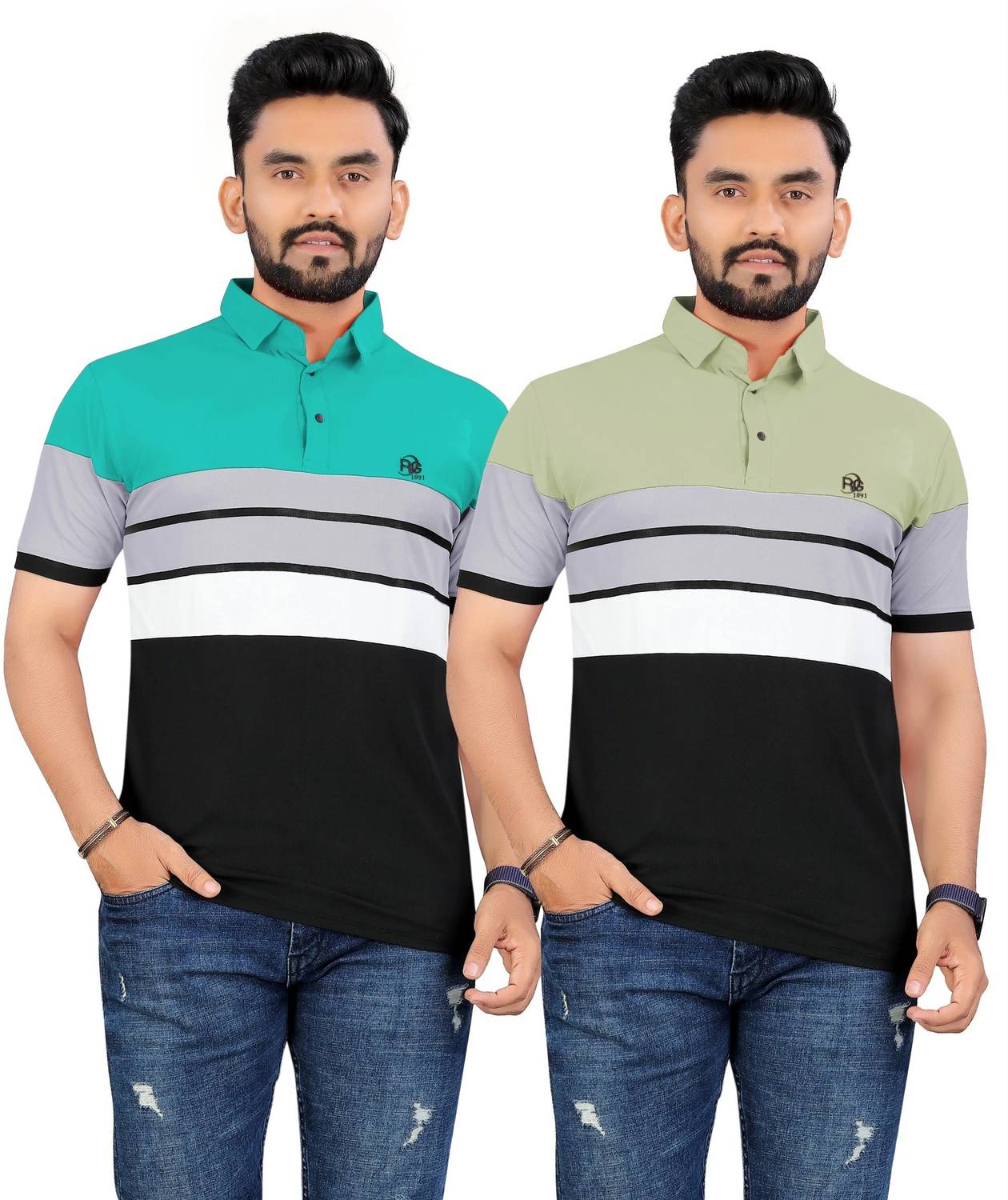 rggarment Pack of 2 Men Striped Polo Neck Cotton Blend Green, Mul