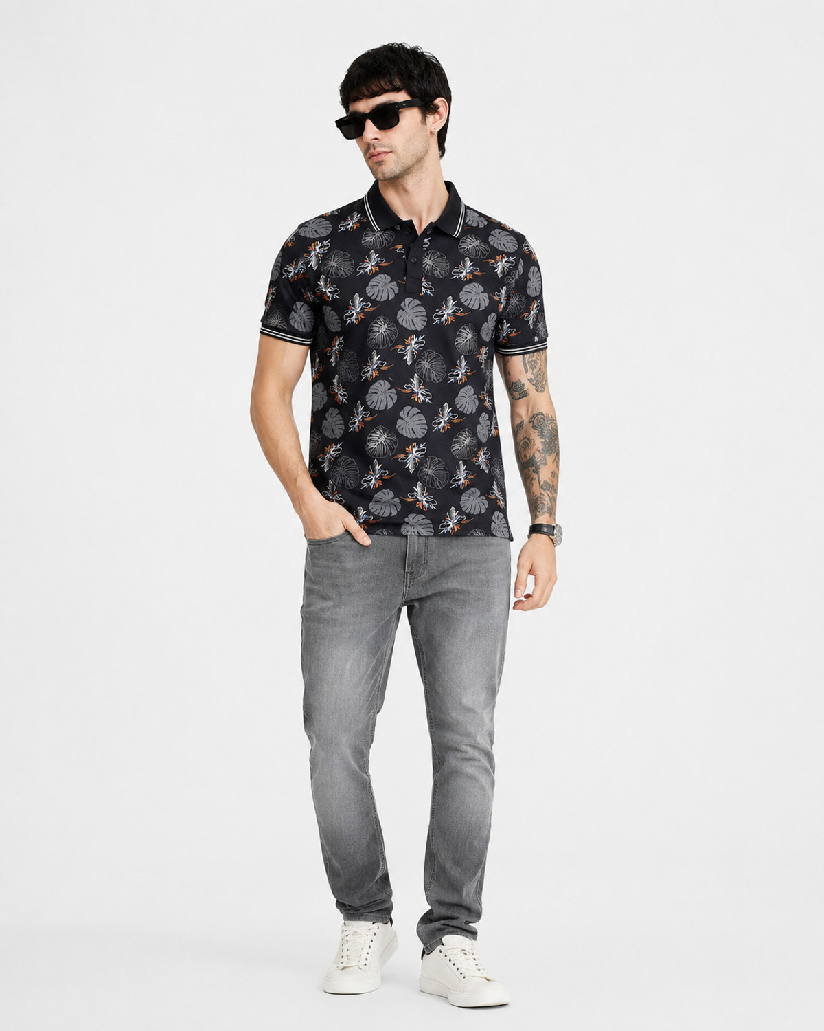 Image of Mr Rabby Printed Men Polo Neck Black T-Shirt
