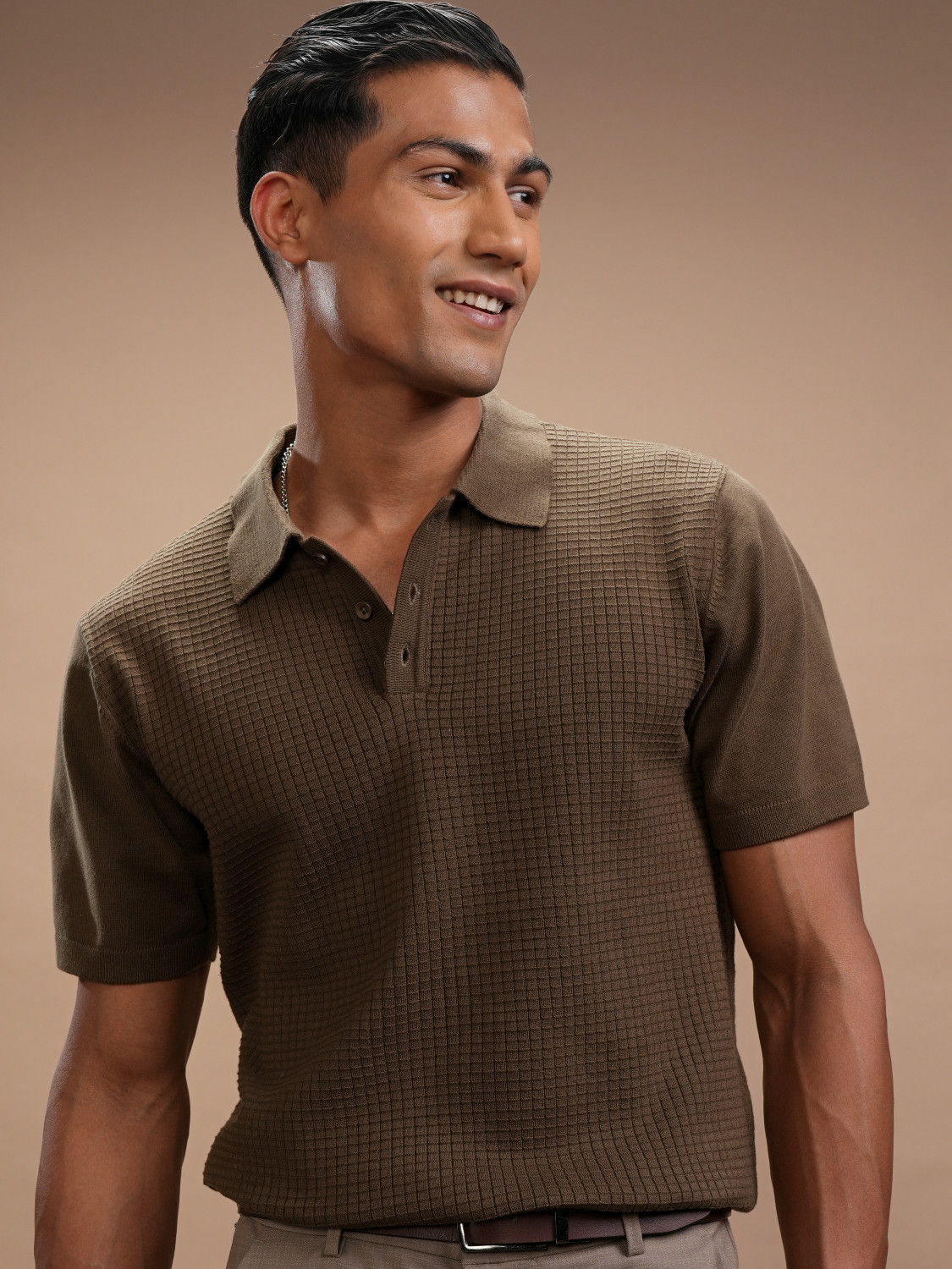 Image of HIGHLANDER Self Design Men Polo Neck Brown T-Shirt