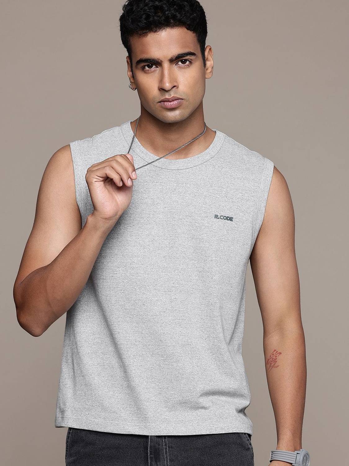 R.Code by The Roadster Life Co. Men Solid Round Neck Cotton Blend