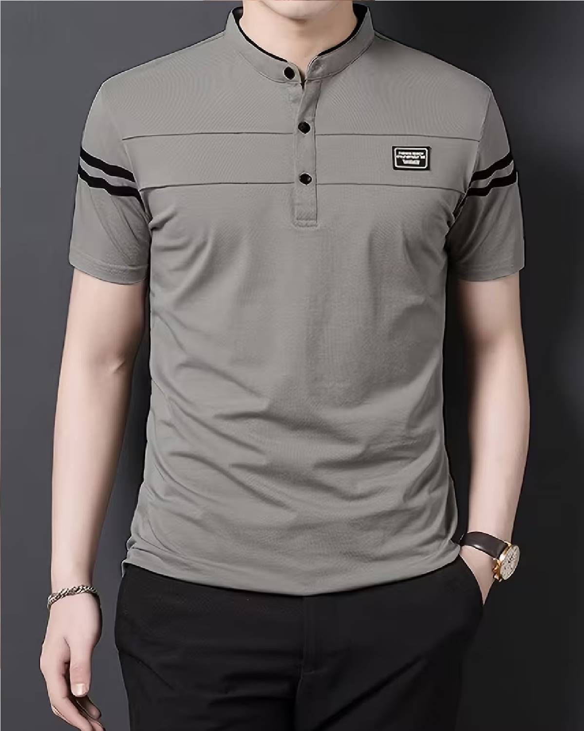 NAUGHTY Men's Grey Henley Neck T-Shirt - Image 4