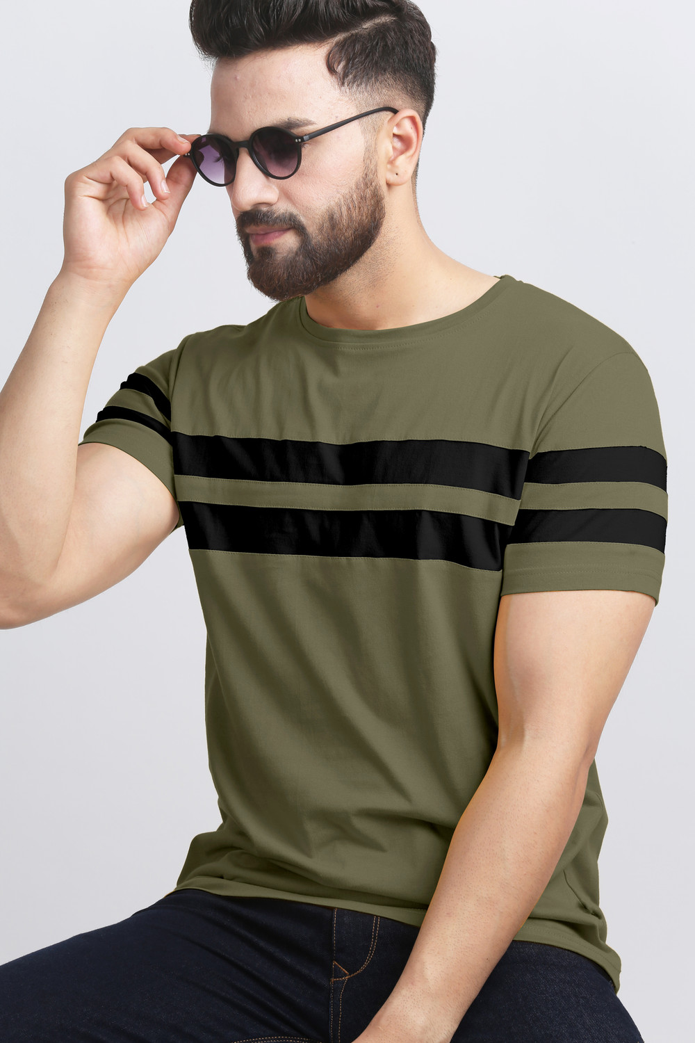 Image of AUSK Striped Men Round Neck Navy Blue, Dark Green T-Shirt