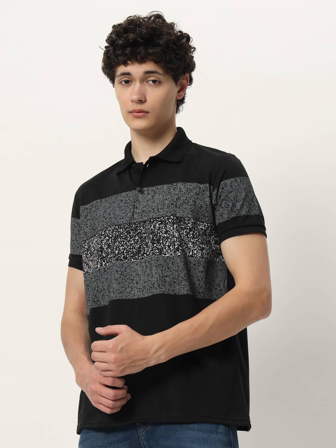 TISSORA Men Printed Polo Neck Cotton Blend Black T-Shirt