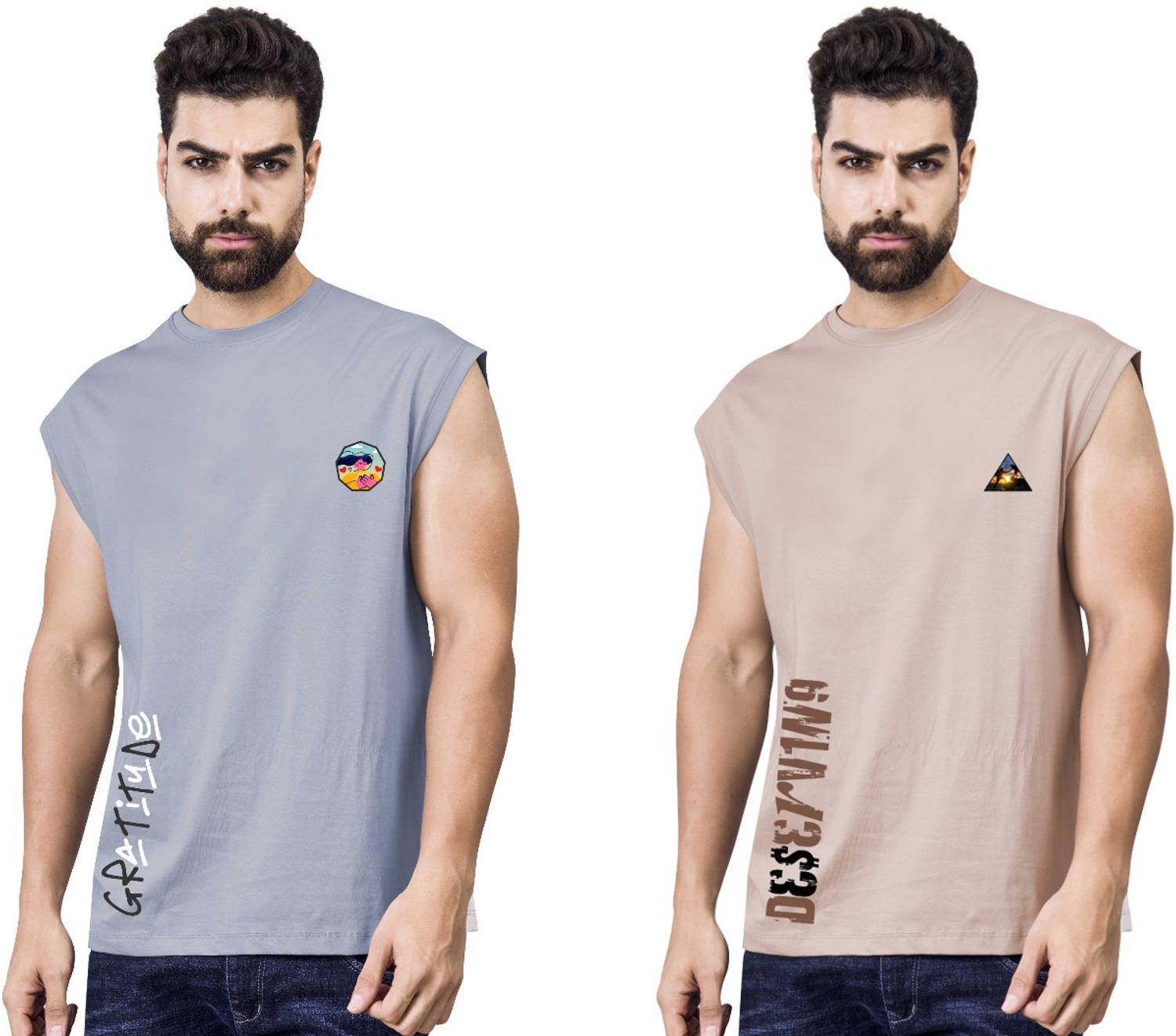 I&D Pack of 2 Men Graphic Print Round Neck Pure Cotton Multicolor