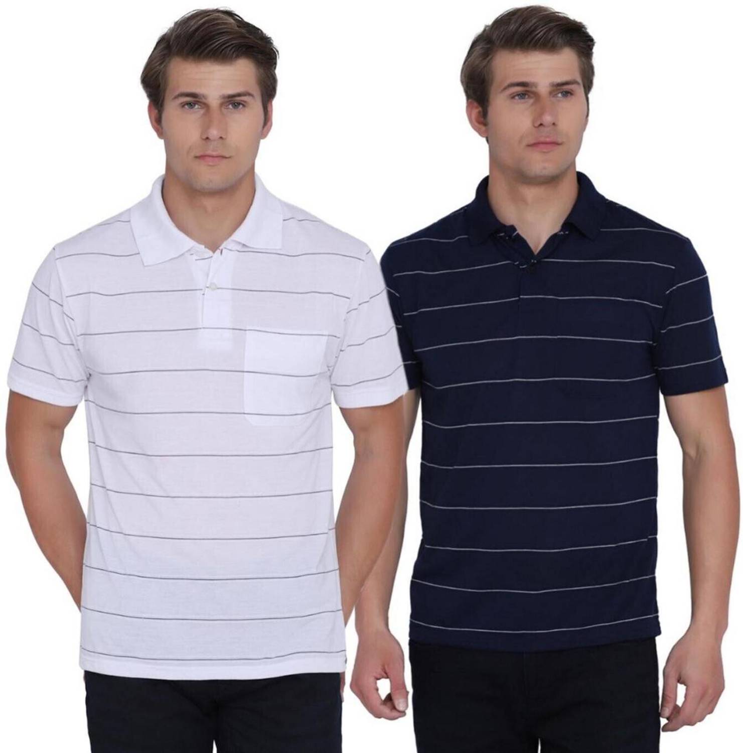 INKKR Pack of 2 Men Striped Polo Neck Cotton Blend Multicolor T-S