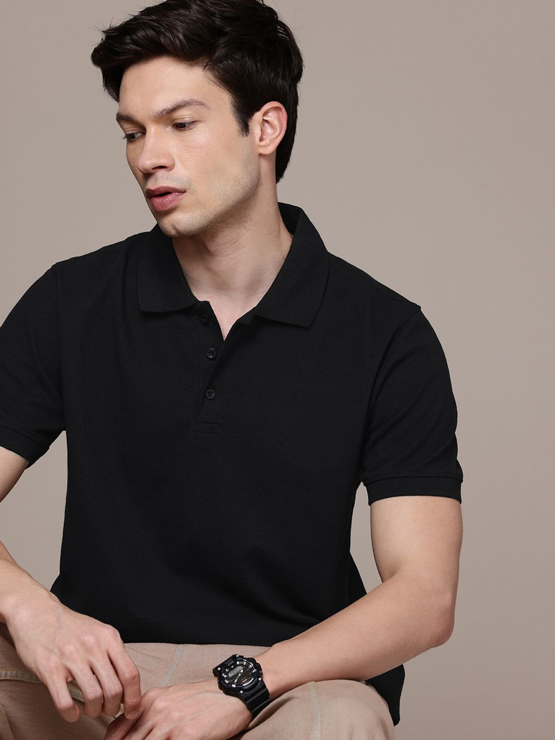 Image of Moda Rapido Solid Men Polo Neck Black T-Shirt