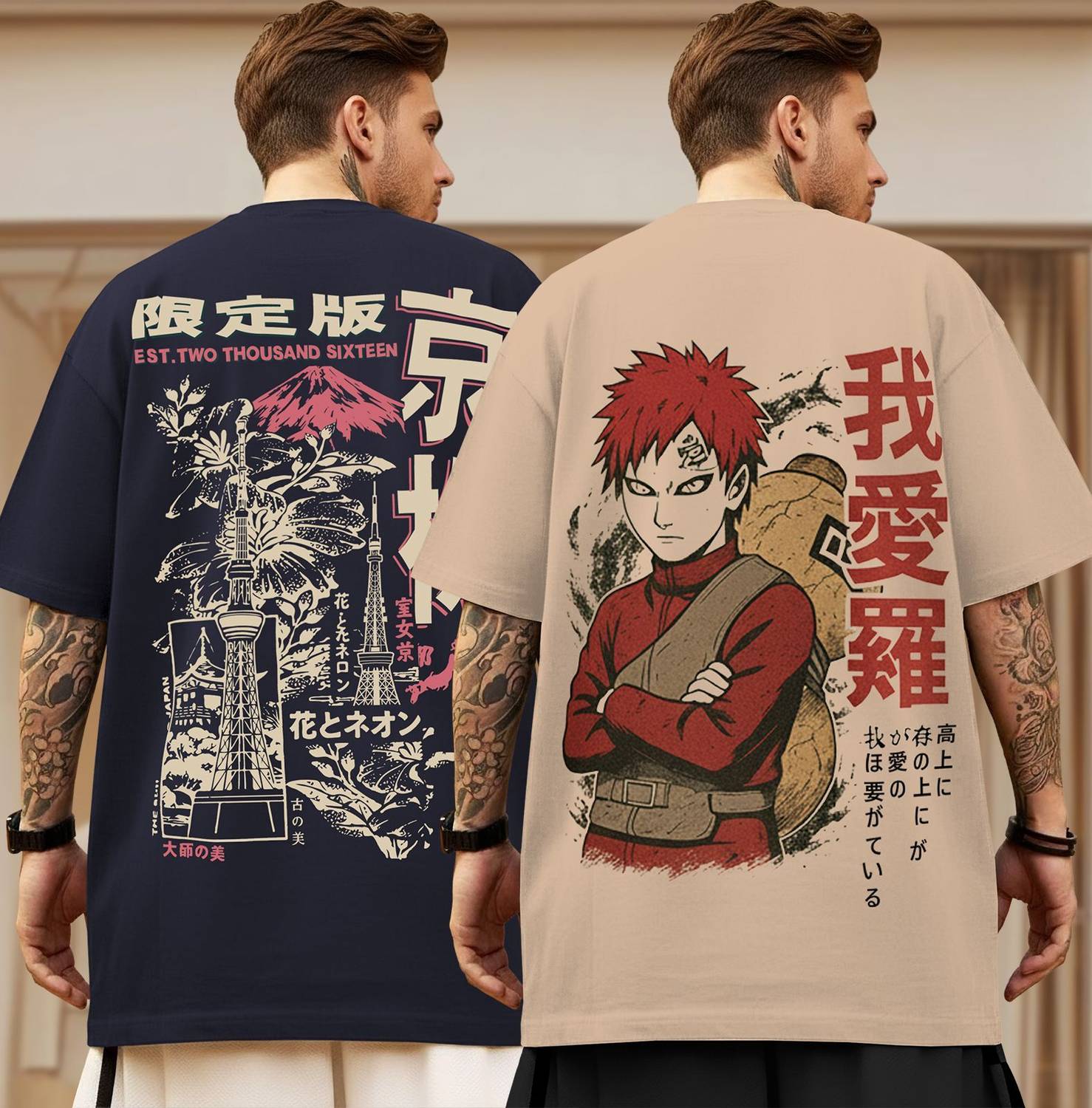 TRIPR Pack of 2 Men Graphic Print Round Neck Cotton Blend Navy Bl