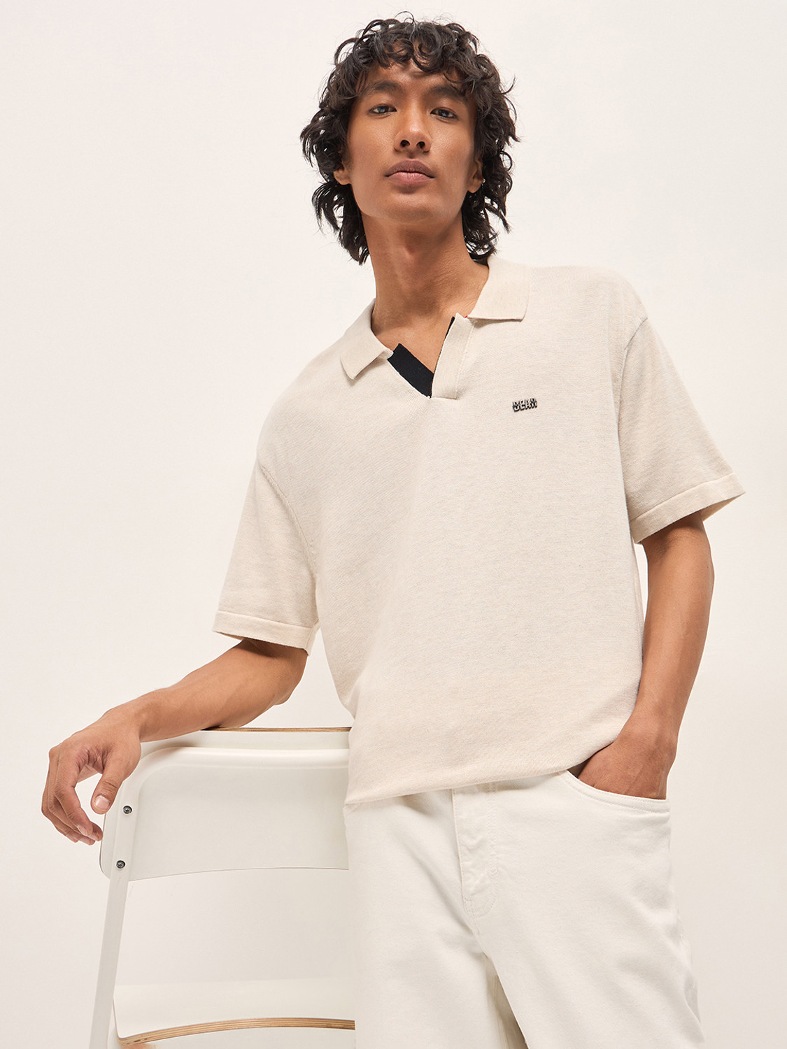 Image of THE BEAR HOUSE Solid Men Polo Neck Beige T-Shirt