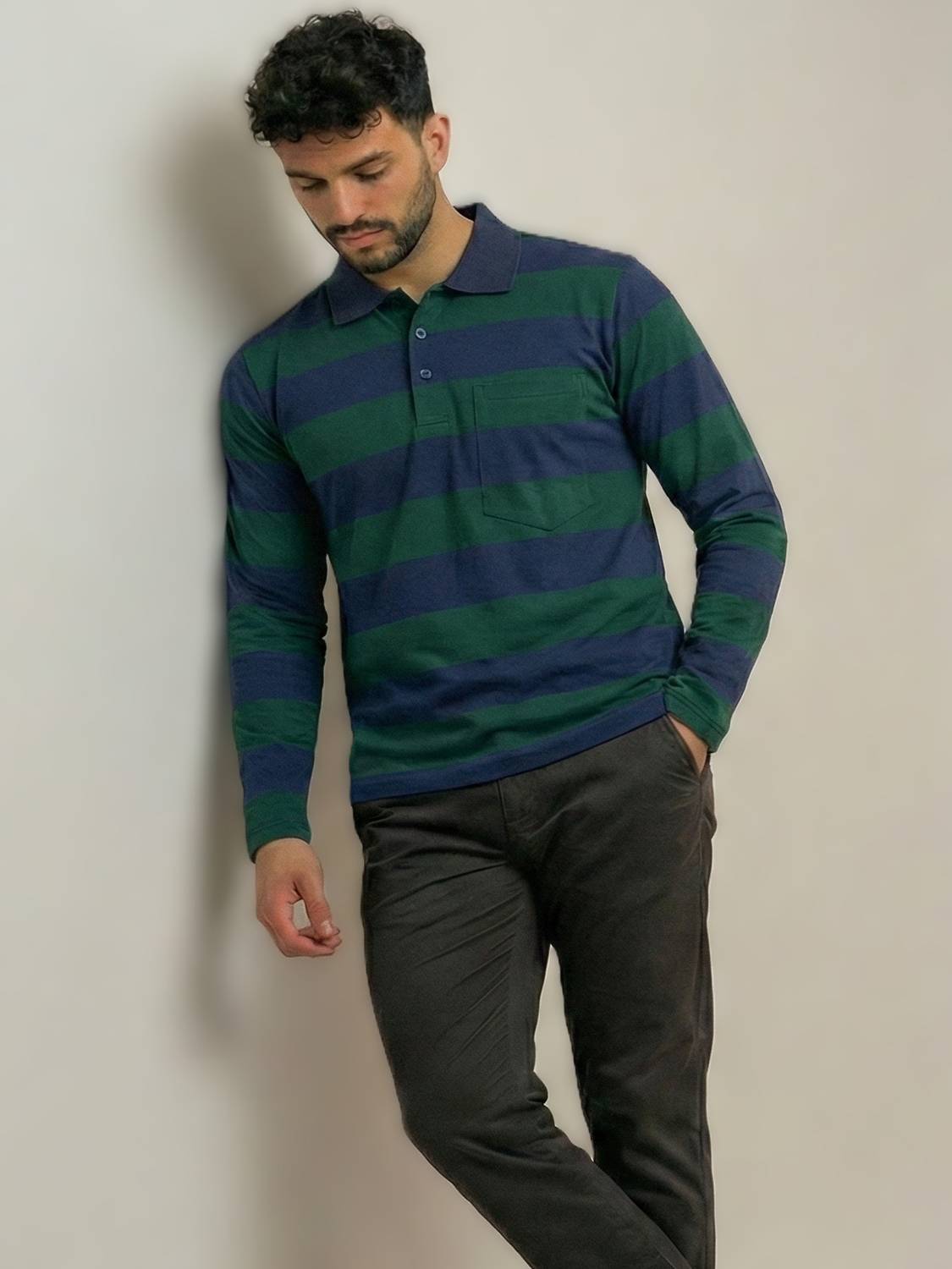 Alvin Dark Green Striped Polo Neck T-Shirt - Image 1