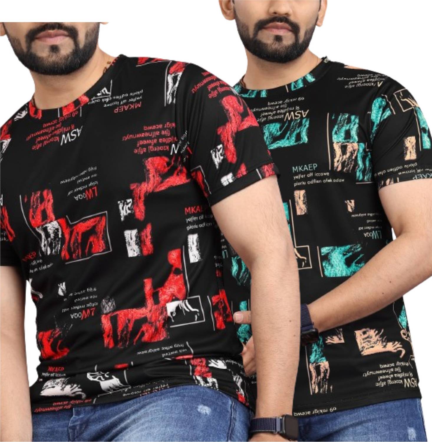 sti Pack of 2 Men Printed Round Neck Polyester Multicolor T-Shirt