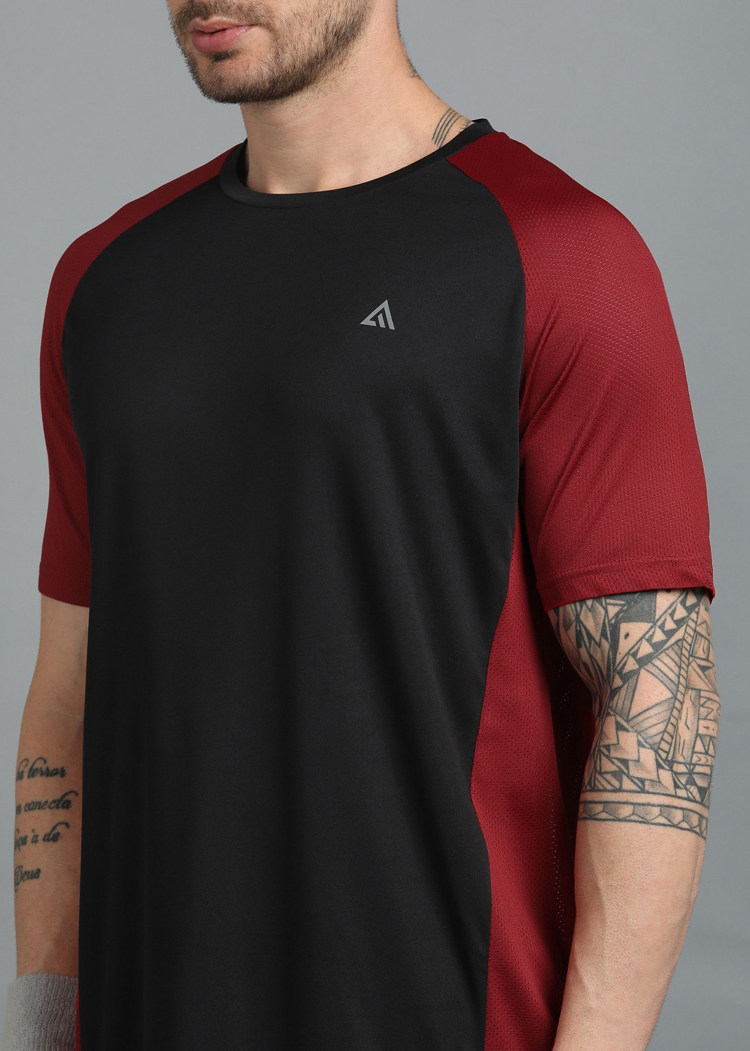 Image of Adrenex Colorblock Men Round Neck Black, Maroon T-Shirt