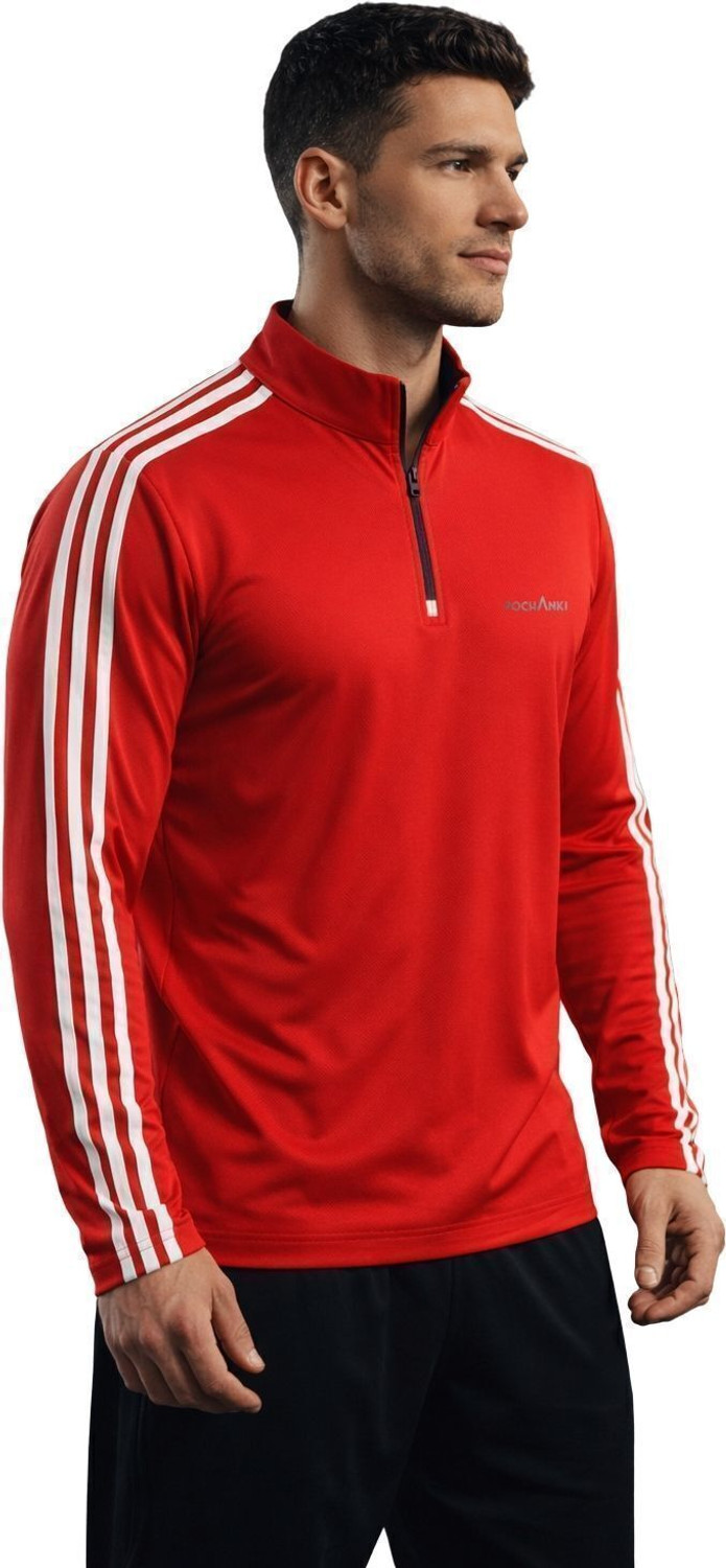 Image of Pochanki Striped Men Zip Neck Red T-Shirt