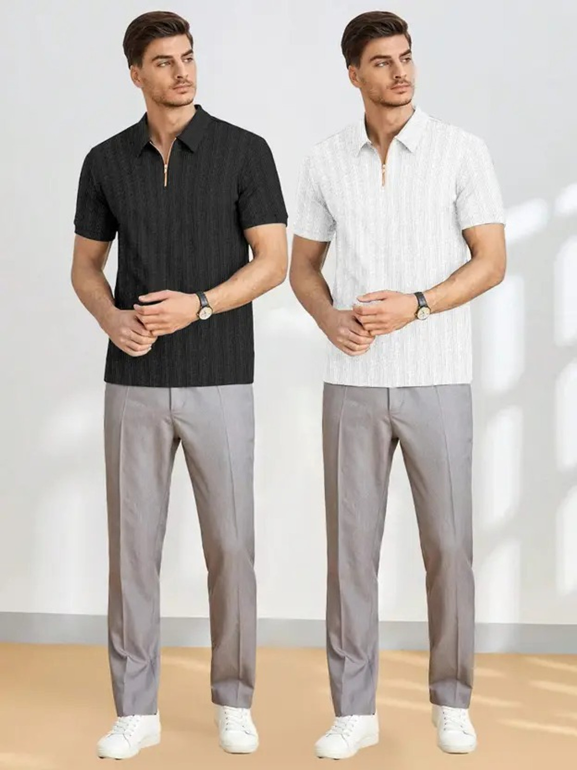 Image of KAJARU Self Design Men Zip Neck White, Black T-Shirt
