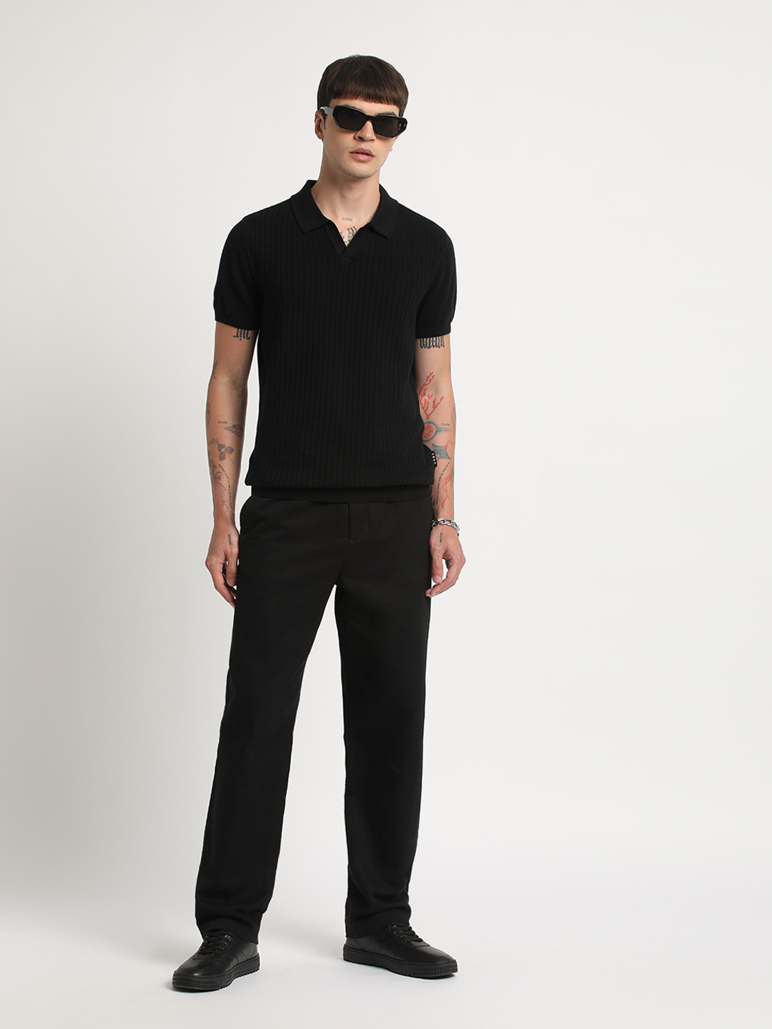 Image of THE BEAR HOUSE Self Design Men Polo Neck Black T-Shirt