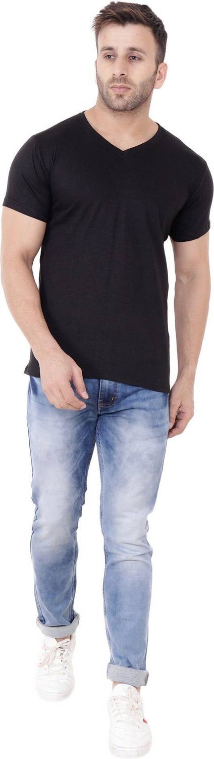 Teacherfab Solid Men V Neck Black T-Shirt