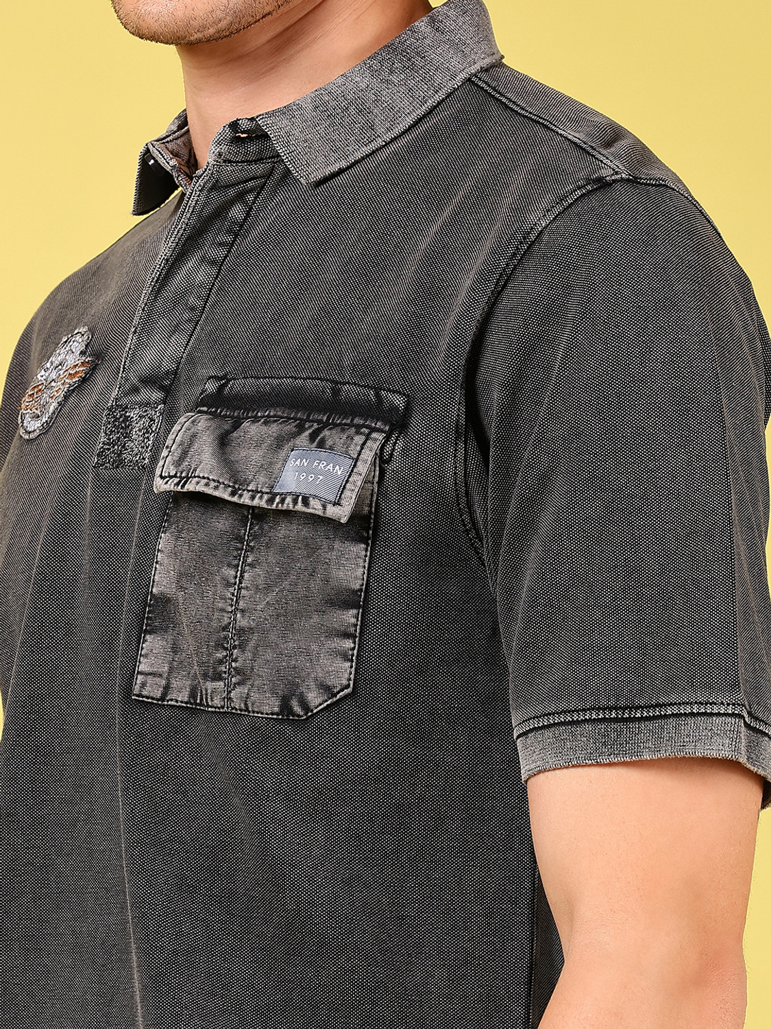 Image of V-MART Tie & Dye Men Polo Neck Grey T-Shirt