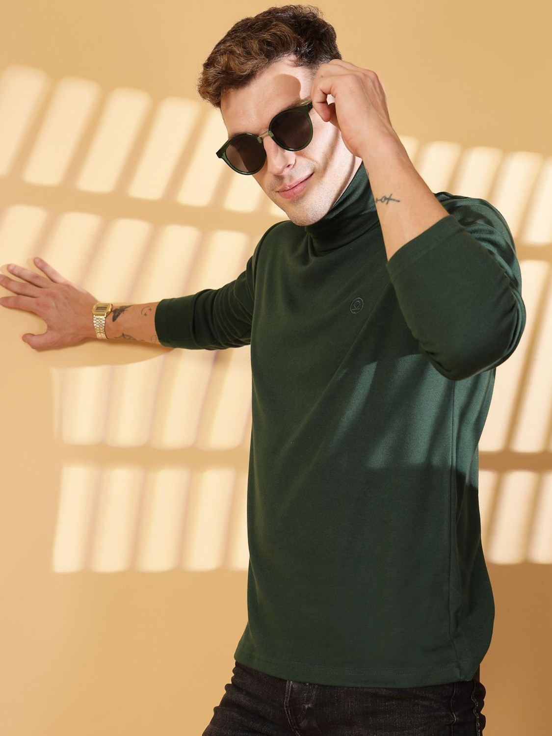 Image of CHKOKKO Solid Men High Neck Green T-Shirt