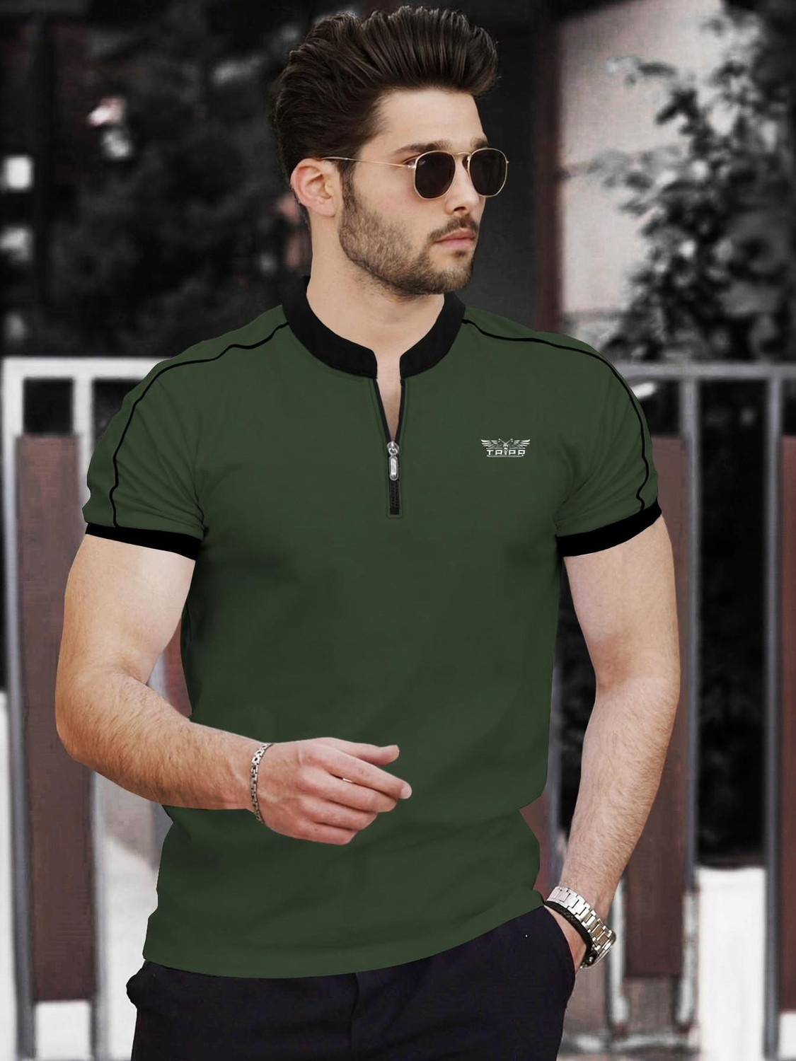 Image of TRIPR Printed Men Mandarin Collar Dark Green T-Shirt