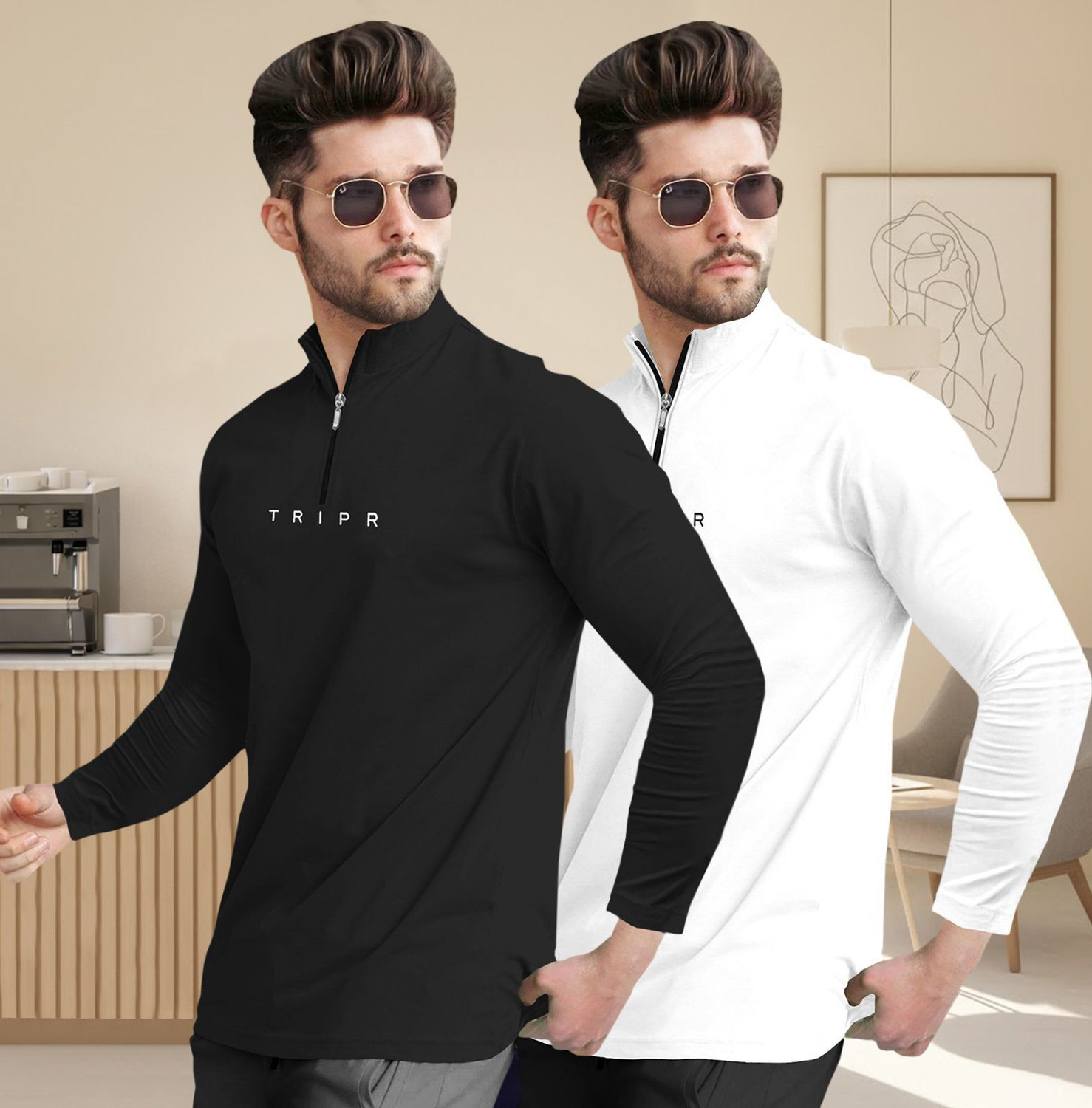 Image of TRIPR Printed Men Henley Neck Black, White T-Shirt