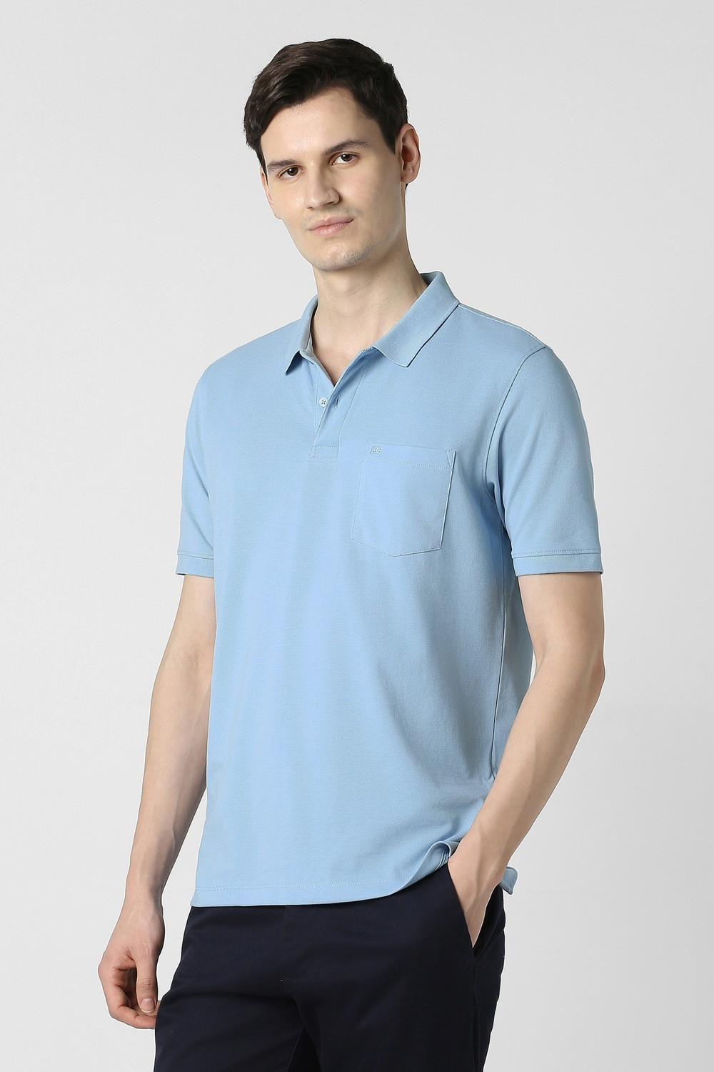 Image of PETER ENGLAND Men Solid Polo Neck Polycotton Light Blue T-Shirt
