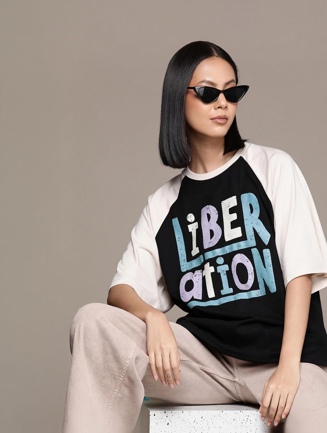 Image of Roadster Colorblock Women Round Neck Black T-Shirt
