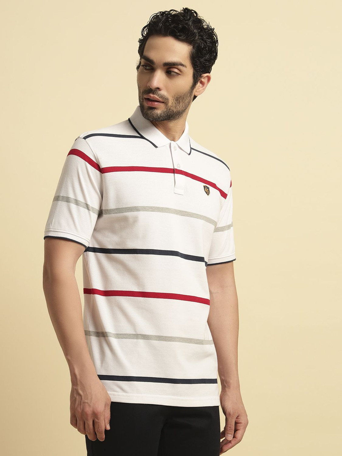 Image of CANTABIL Striped Men Polo Neck White T-Shirt