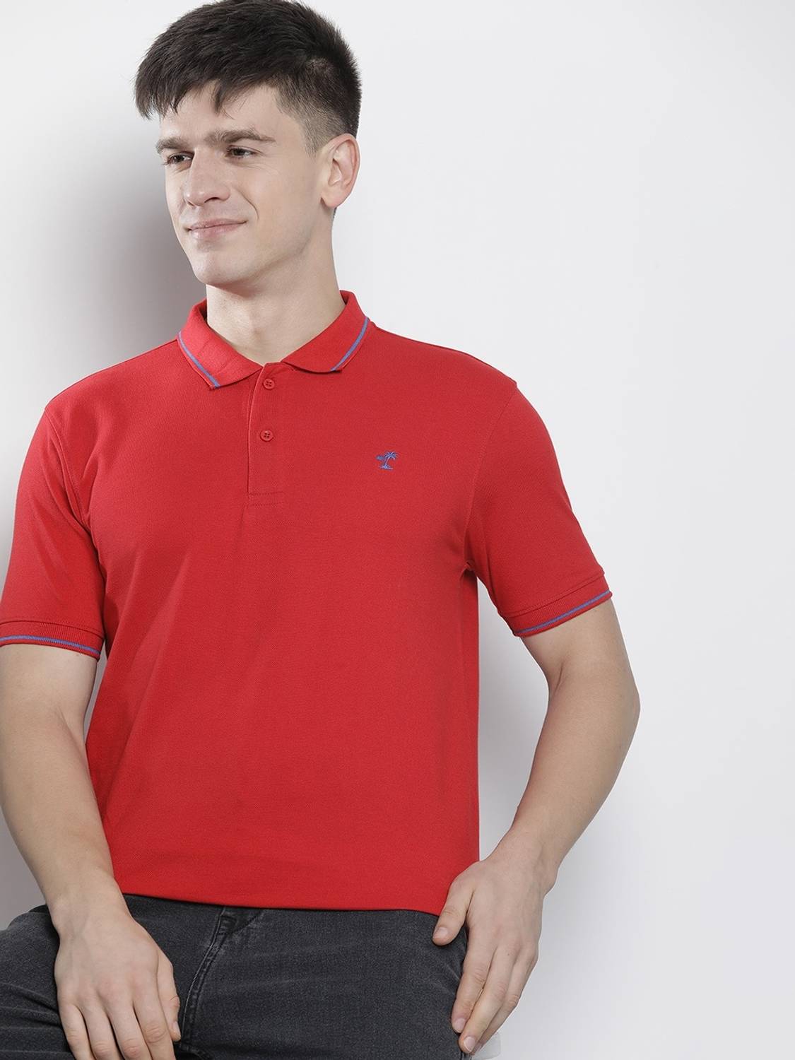 The Indian Garage Co. Men Solid Polo Neck Cotton Blend Red T-Shir