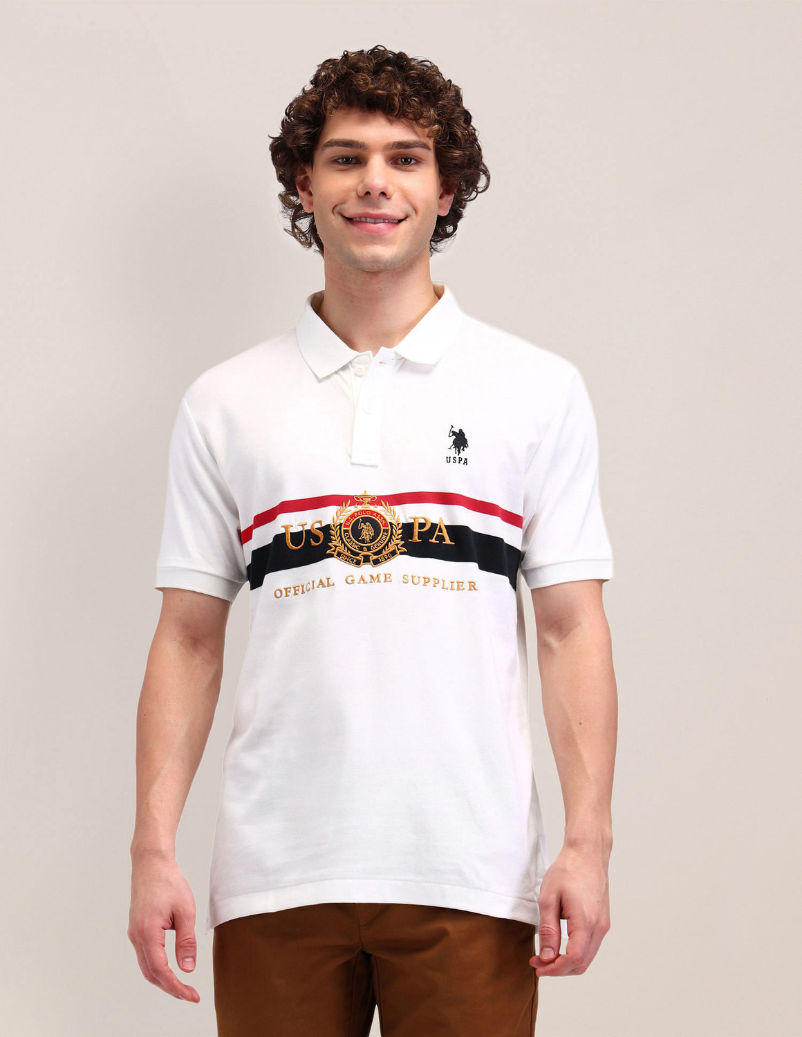 Image of U.S. POLO ASSN. Graphic Print Men Polo Neck White T-Shirt