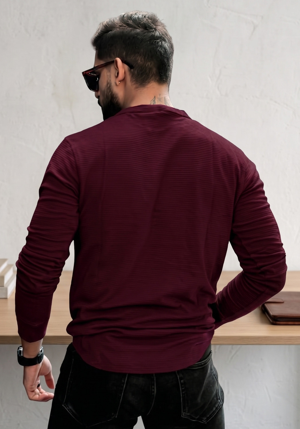 Image of Rufica Self Design Men Mandarin Collar Multicolor T-Shirt