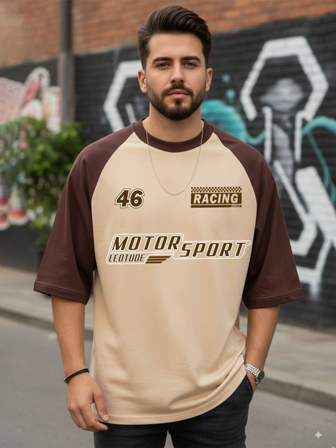 Leotude Men Printed Round Neck Cotton Blend Beige T-Shirt
