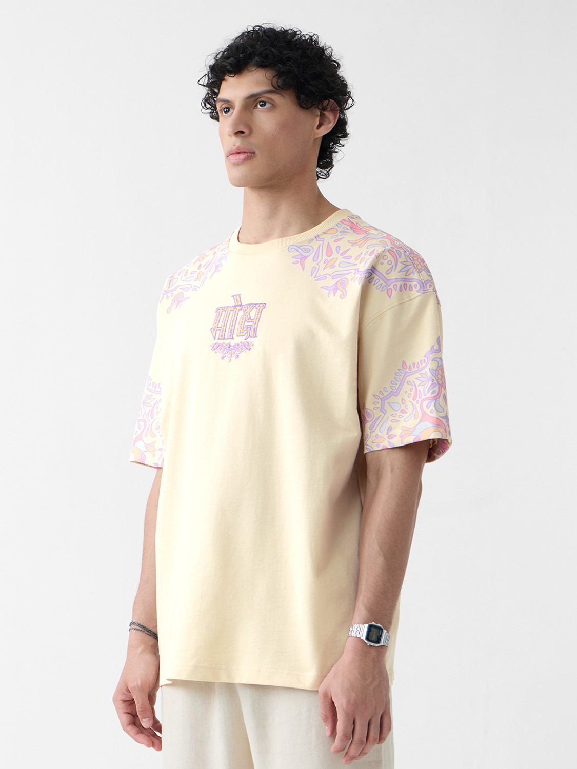 Image of The Souled Store Embroidered Men Round Neck Yellow T-Shirt