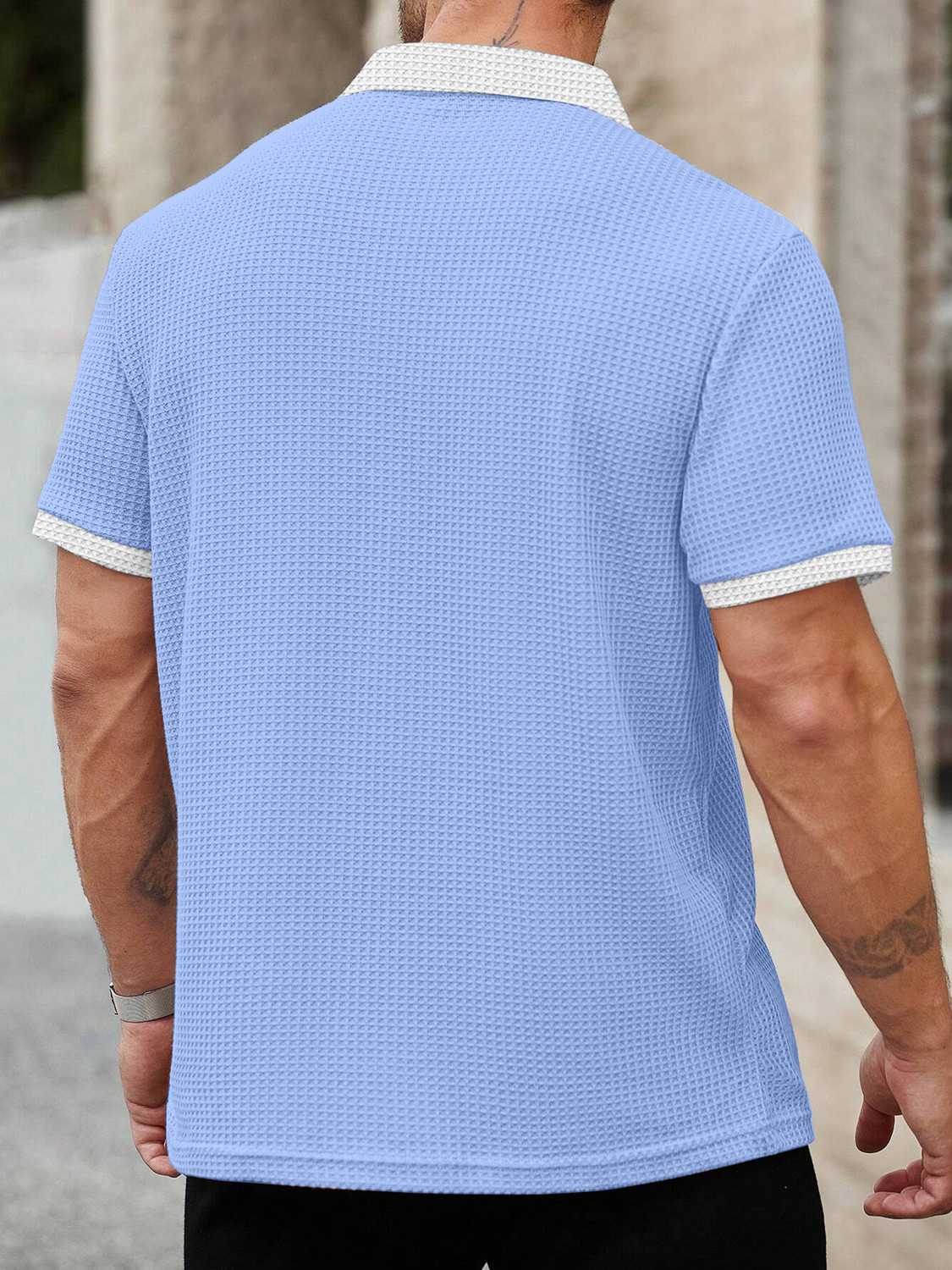 Image of KAJARU Self Design Men Zip Neck Blue, White T-Shirt