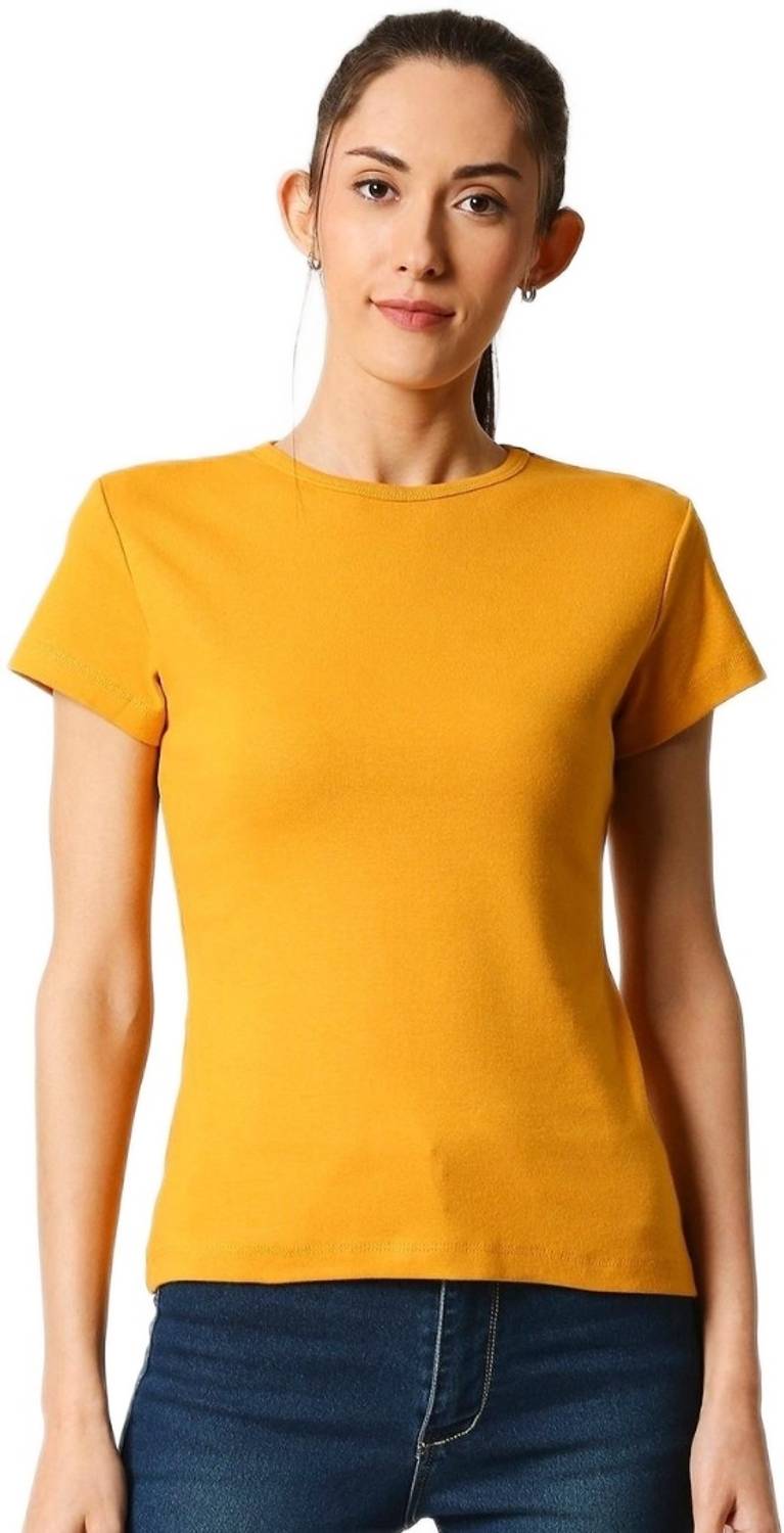 BEWAKOOF Solid Women Polo Neck Yellow T-Shirt