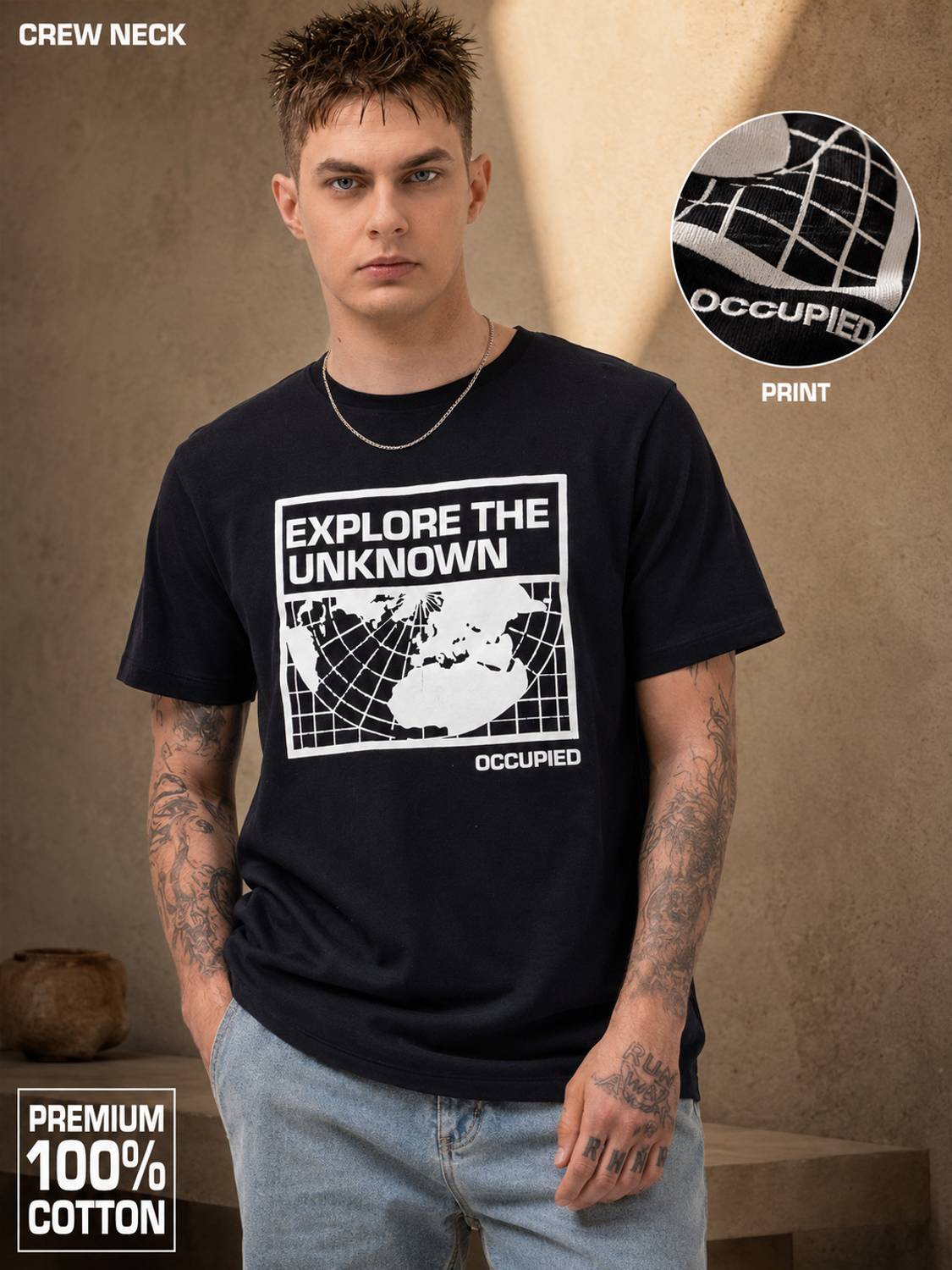 Occupied Clothing Co. Men Graphic Print Crew Neck Pure Cotton Bla