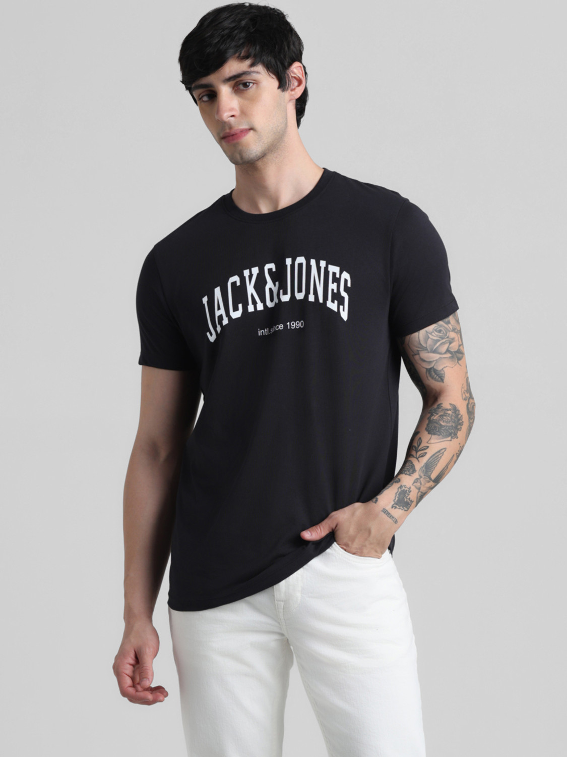 Image of JACK & JONES Typography Men Round Neck Black T-Shirt