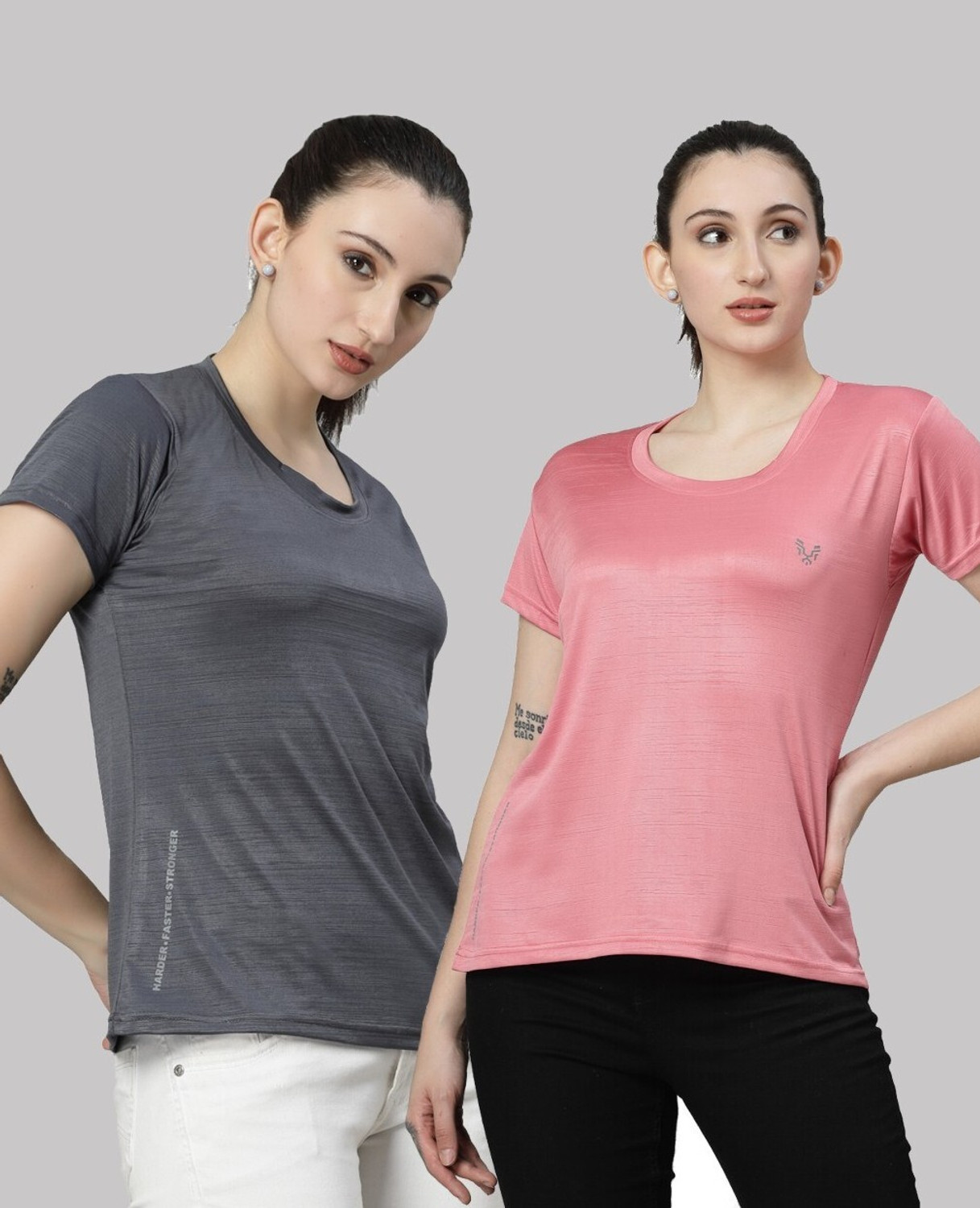 Image of UZARUS Solid Women Round Neck Grey, Pink T-Shirt