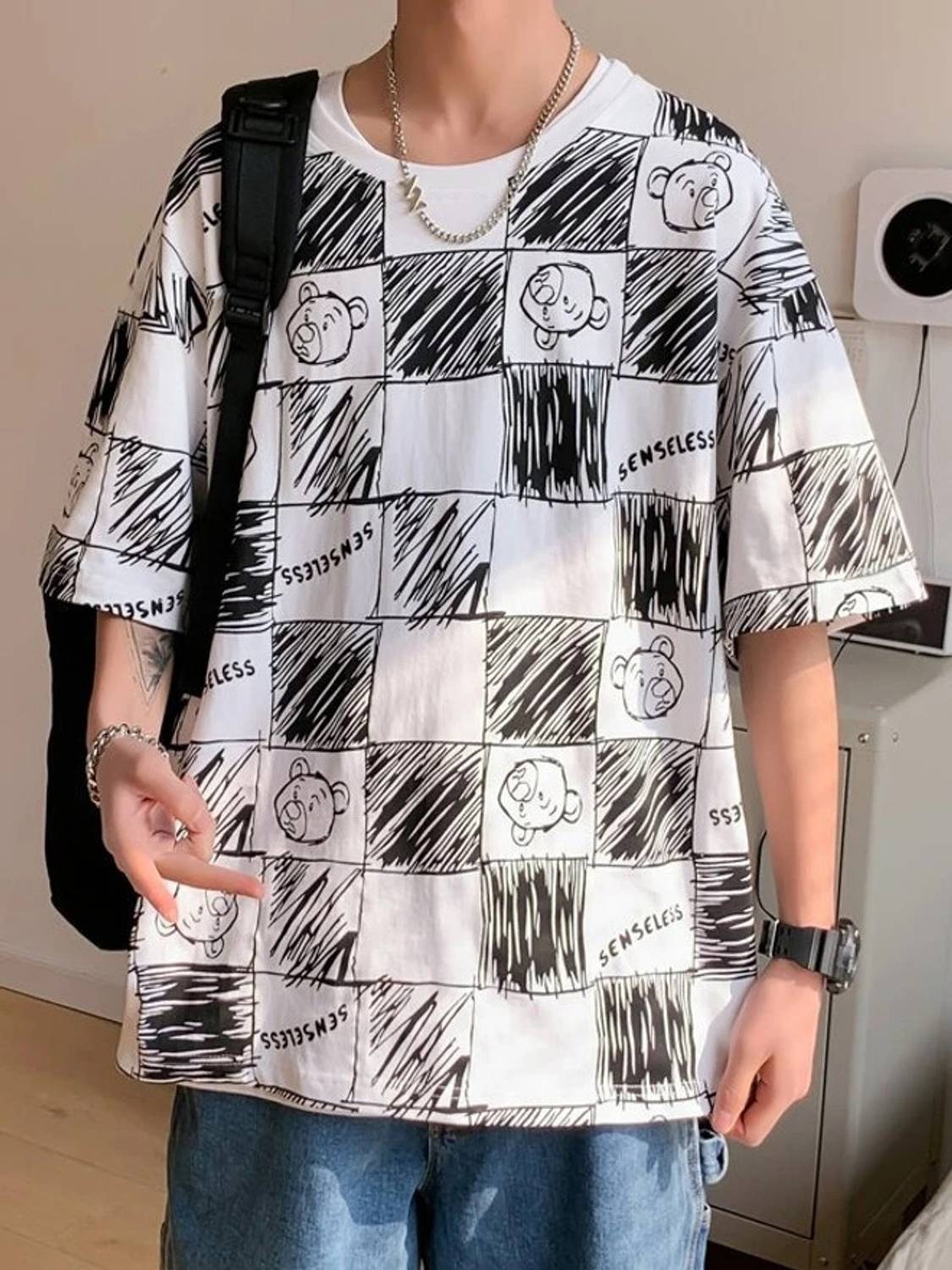 Men Printed, Typography, Checkered Round Neck Pure Cotton White T-Shirt - Image 1