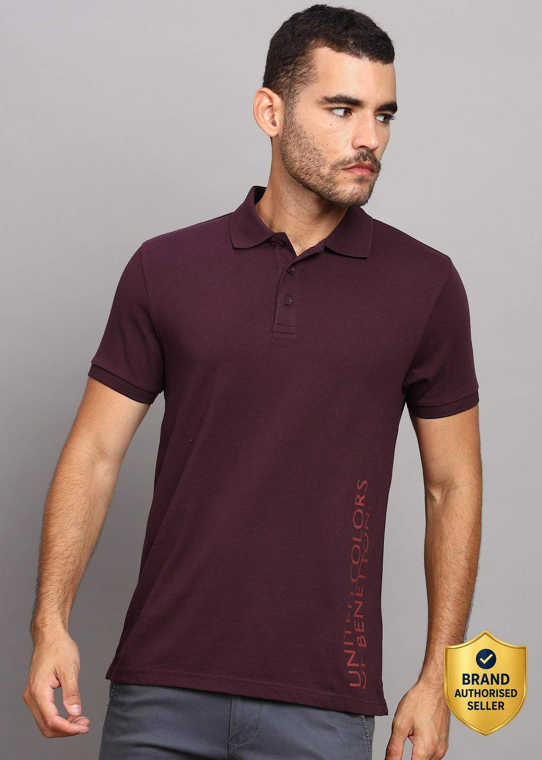Image of United Colors of Benetton Printed Men Polo Neck Maroon T-Shirt