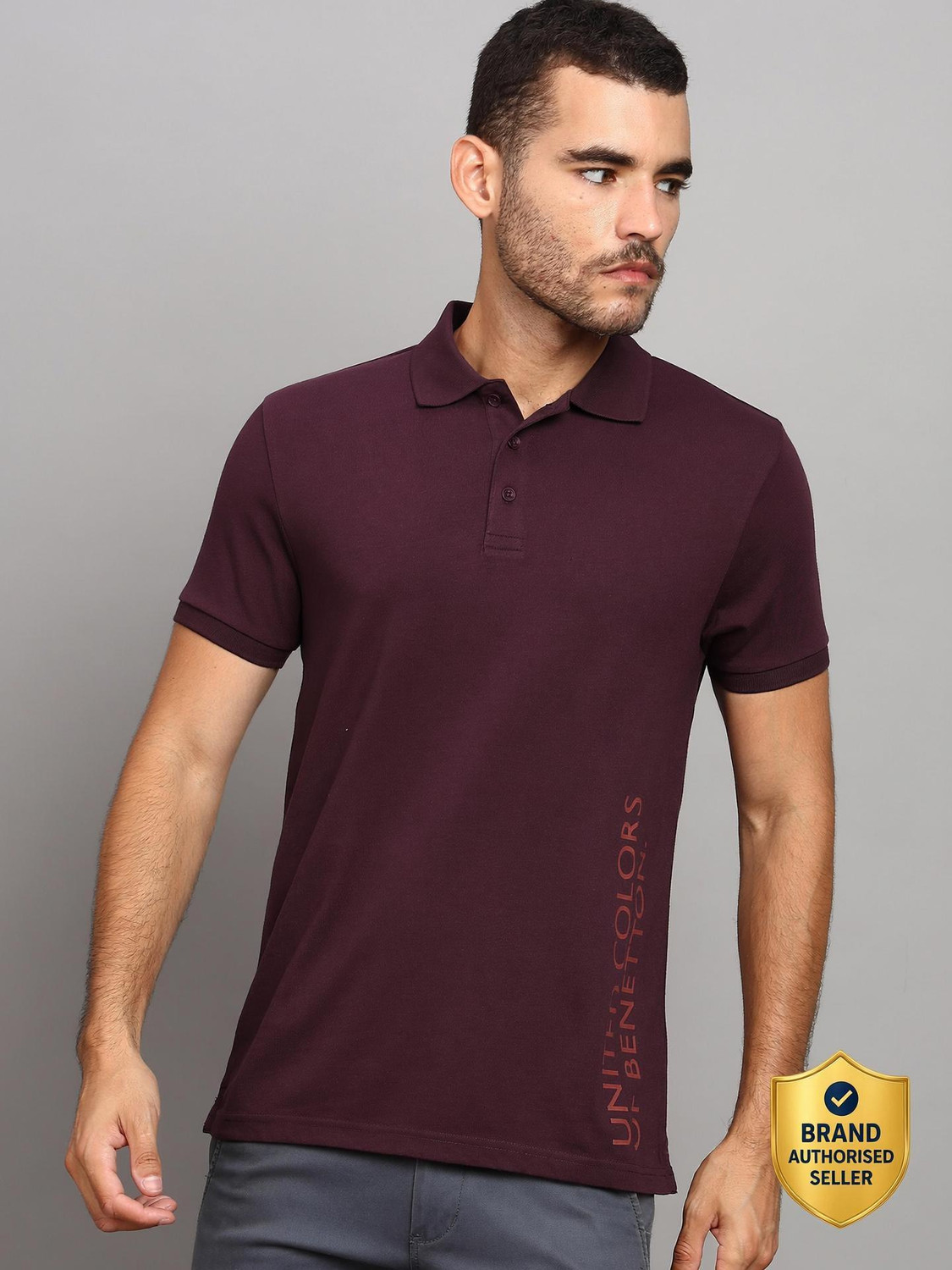 Image of United Colors of Benetton Printed Men Polo Neck Maroon T-Shirt